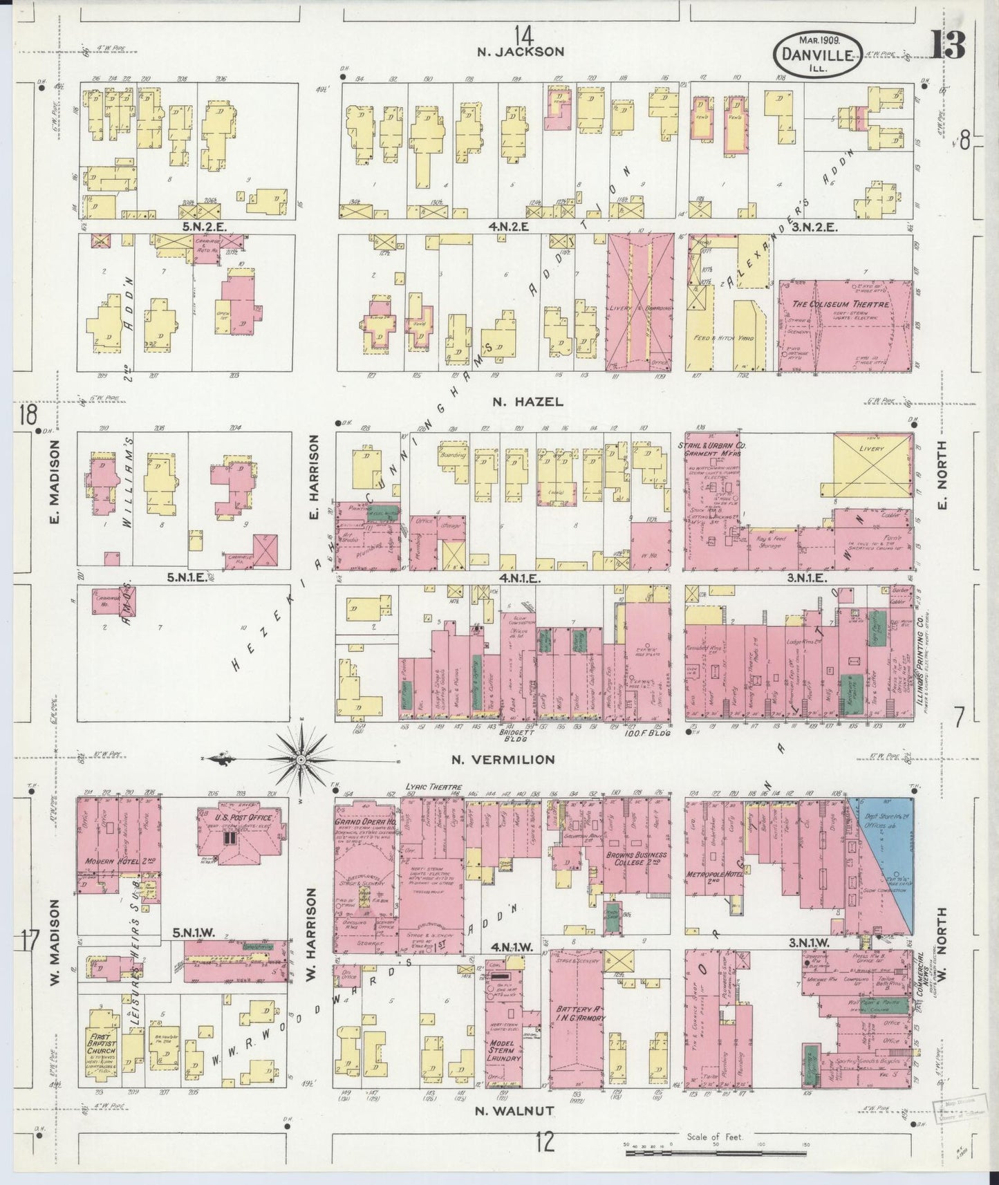 Sanborn Fire Insurance Map from Danville, Vermilion County, Illinois (1909), Sheet #0013 - Historic Sanborn Fire Insurance Map Print, vintage old map wall art, antique decor, genealogy gift, Illinois Illinois map