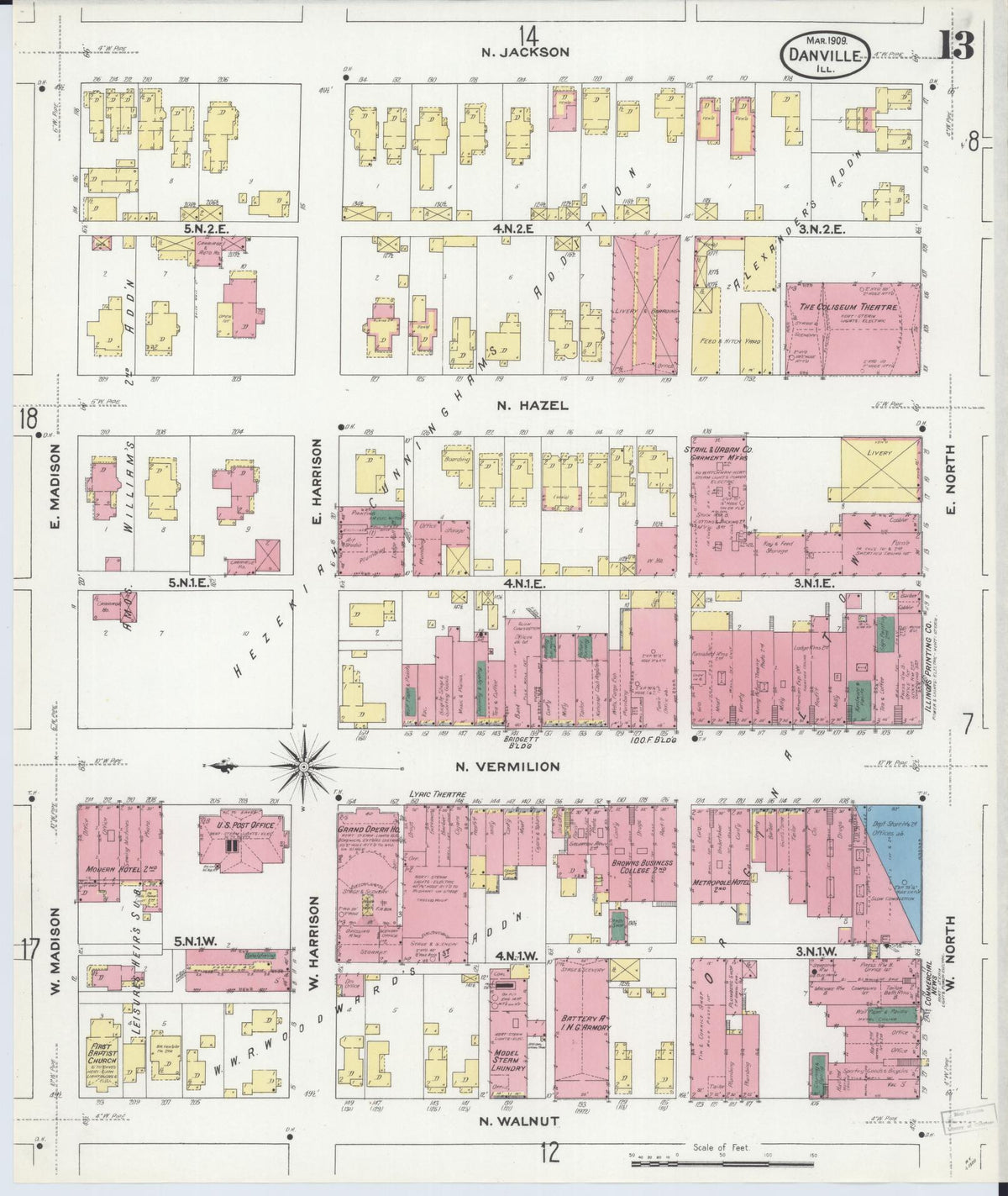 Sanborn Fire Insurance Map from Danville, Vermilion County, Illinois (1909), Sheet #0013 - Historic Sanborn Fire Insurance Map Print, vintage old map wall art, antique decor, genealogy gift, Illinois Illinois map