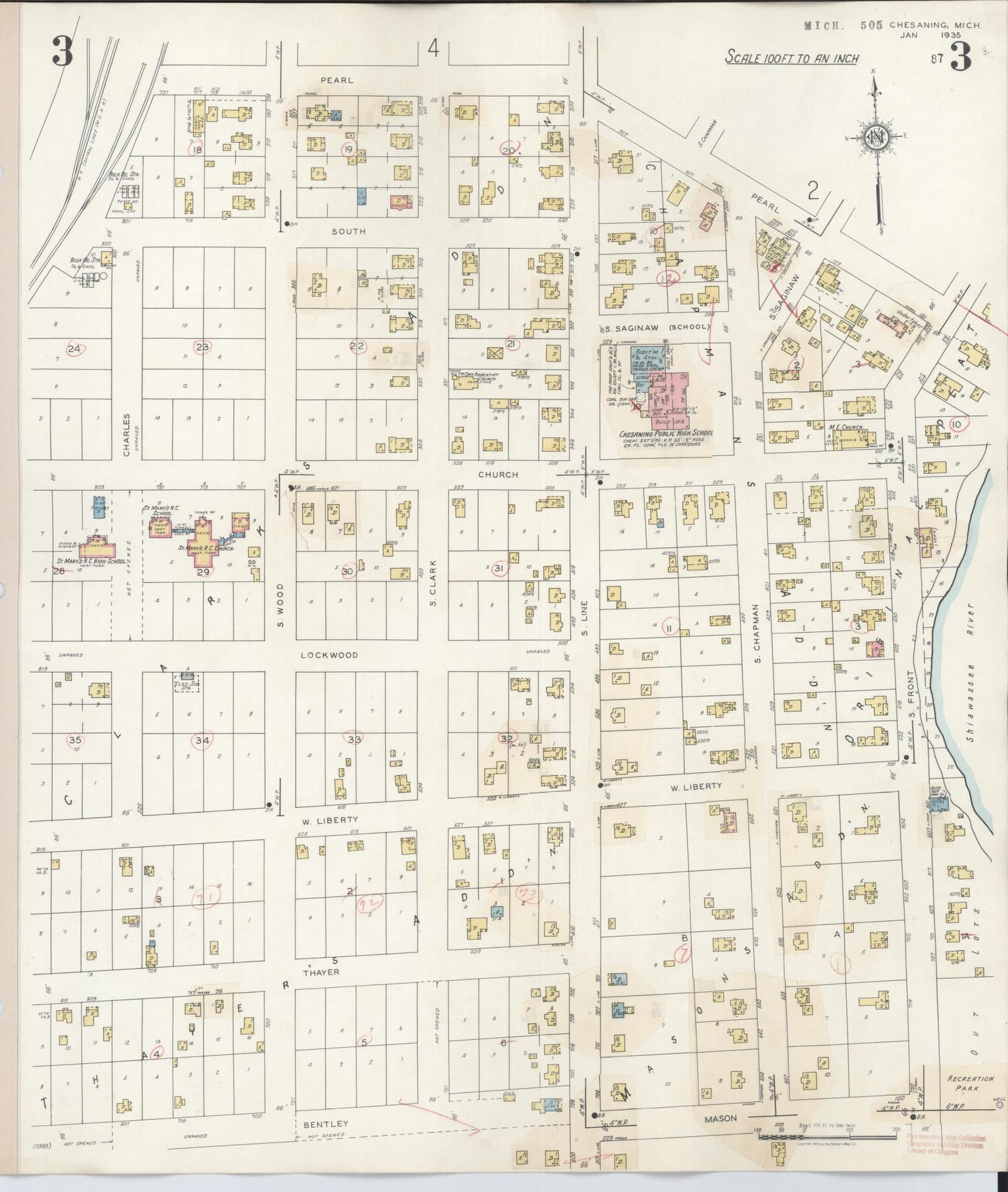 Sanborn Fire Insurance Map from Chesaning, Saginaw County, Michigan (1944), Sheet #0003 - Complete Map Set gallery image, historic Sanborn map, vintage wall art, Michigan Michigan