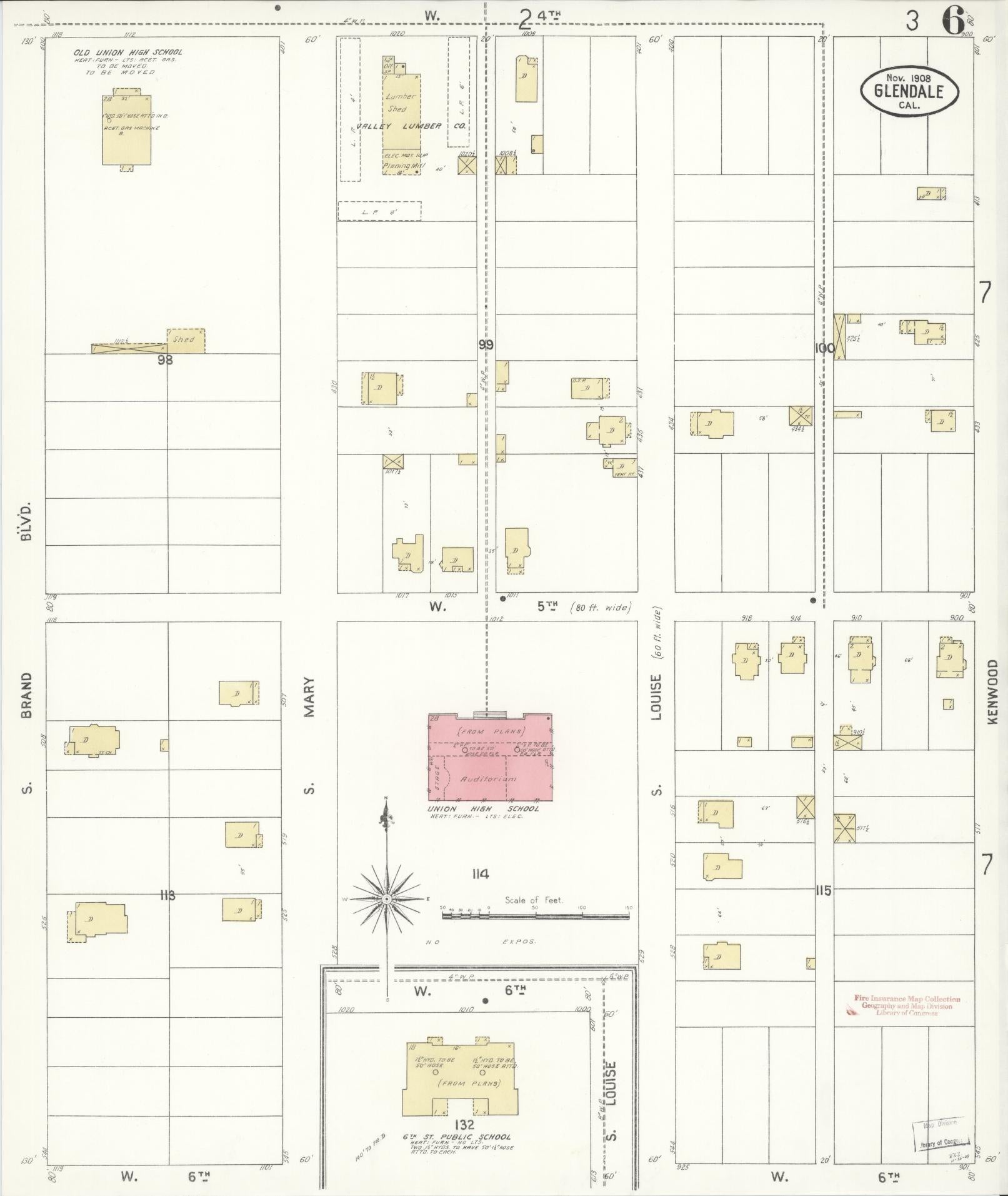 Sanborn Fire Insurance Map from Glendale, Los Angeles County, California (1908), Sheet #0006 - Historic Sanborn Fire Insurance Map Print, vintage old map wall art, antique decor, genealogy gift, California California map