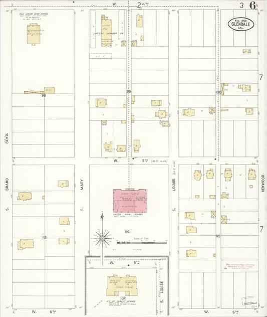 Sanborn Fire Insurance Map from Glendale, Los Angeles County, California (1908), Sheet #0006 - Historic Sanborn Fire Insurance Map Print, vintage old map wall art, antique decor, genealogy gift, California California map