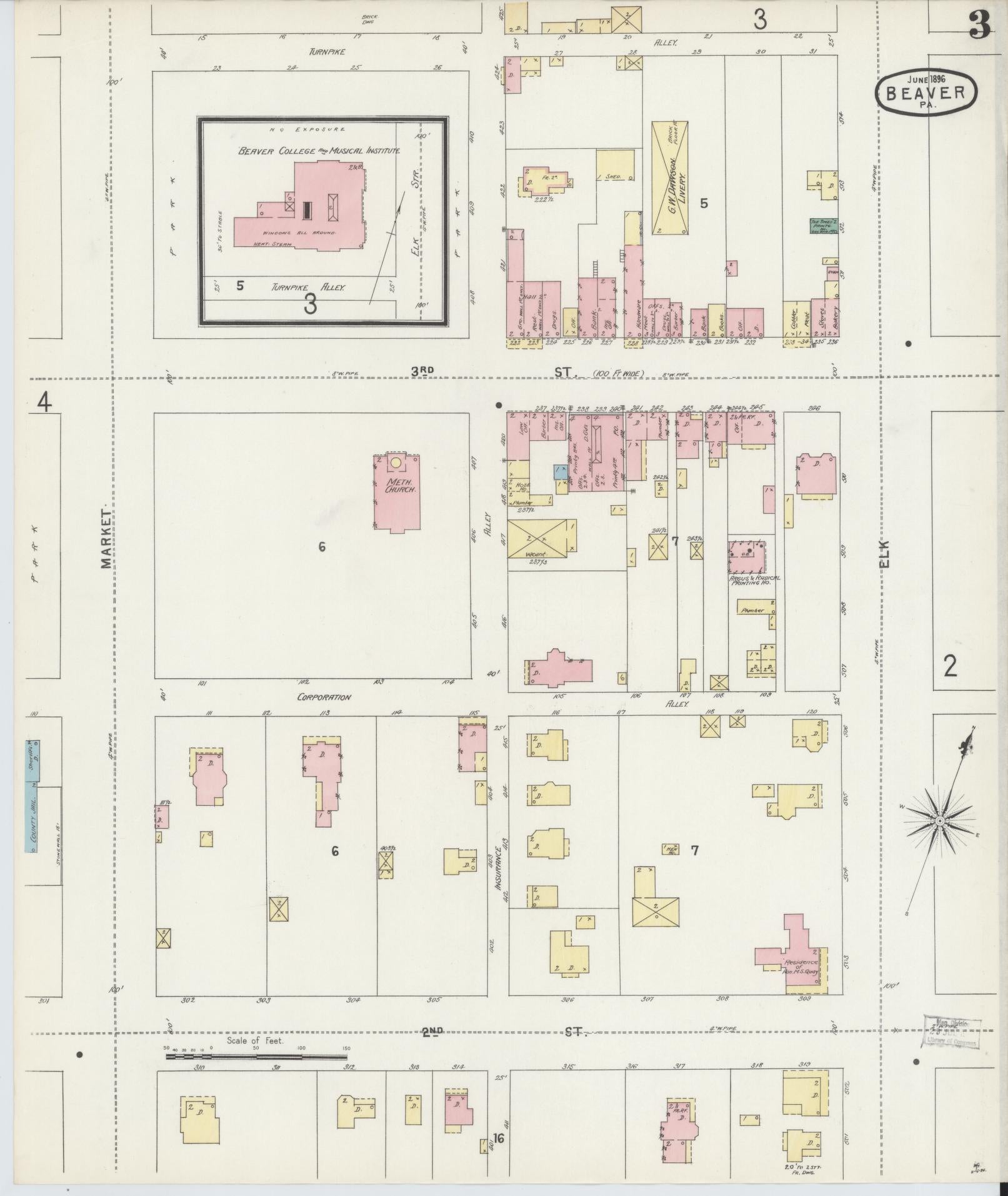Sanborn Fire Insurance Map from Beaver, Beaver County, Pennsylvania (1896), Sheet #0003 - Historic Sanborn Fire Insurance Map Print, vintage old map wall art, antique decor, genealogy gift, Pennsylvania Pennsylvania map
