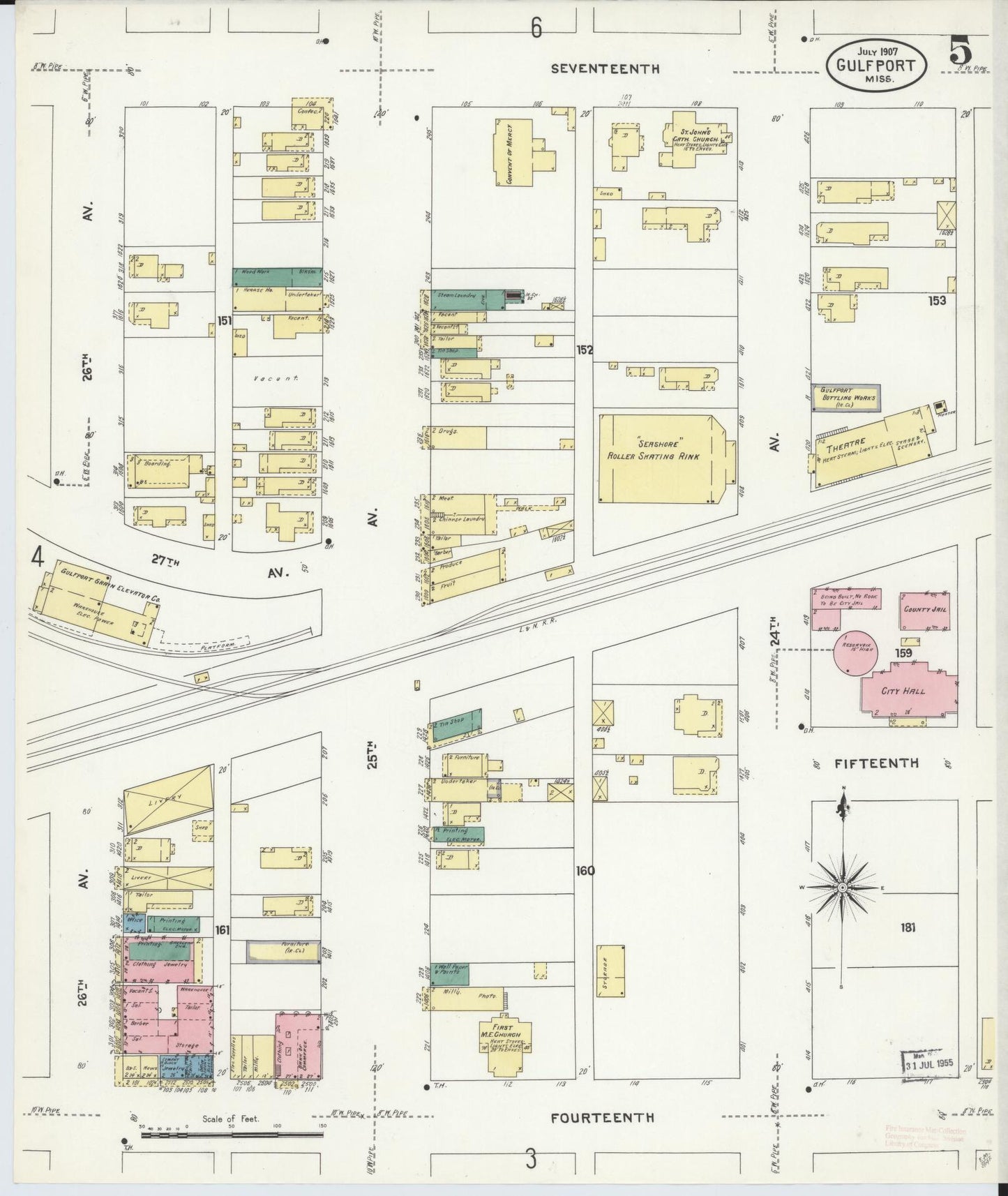 Sanborn Fire Insurance Map from Gulfport, Harrison County, Mississippi (1907), Sheet #0005 - Complete Map Set gallery image, historic Sanborn map, vintage wall art, Mississippi Mississippi