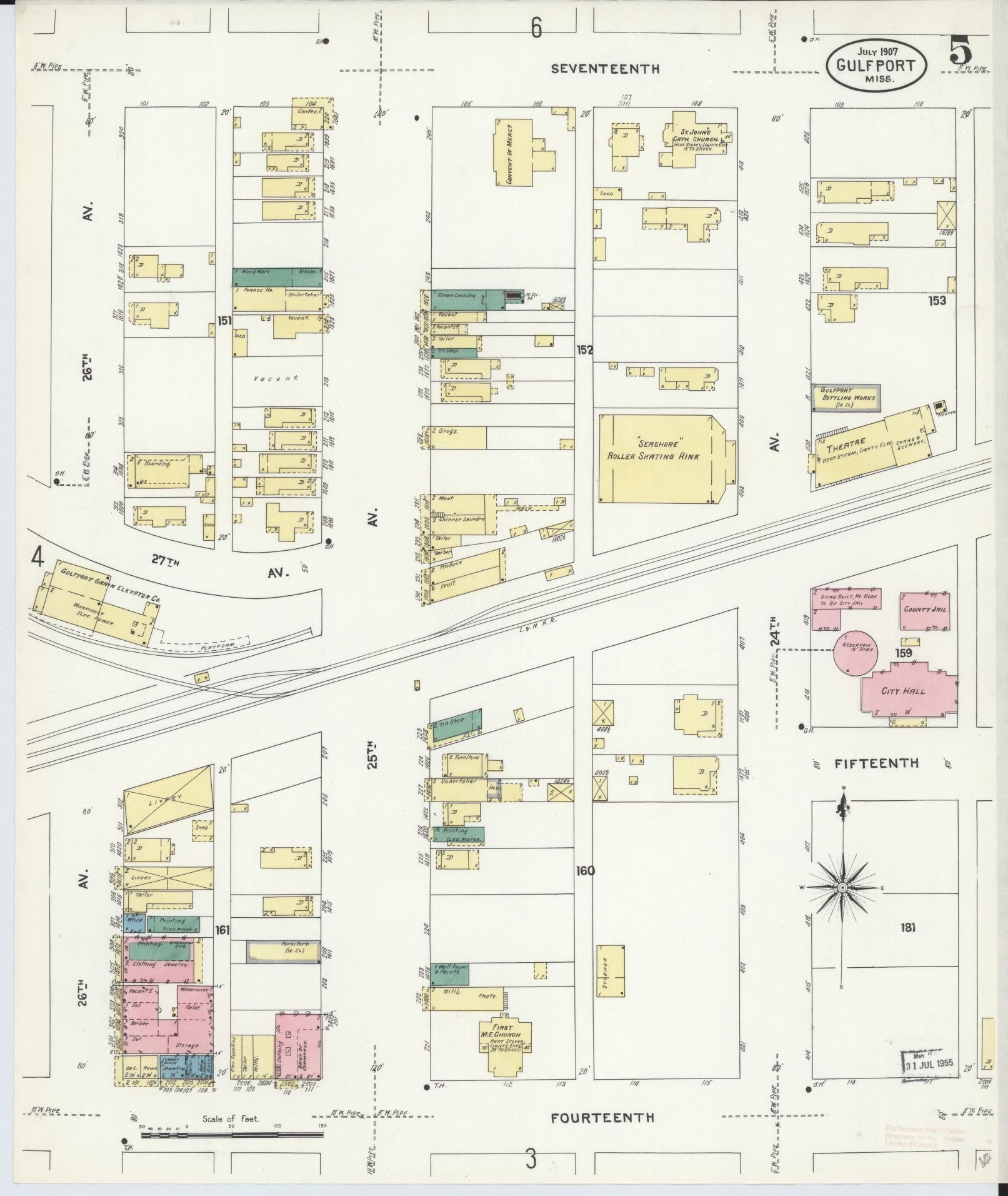Sanborn Fire Insurance Map from Gulfport, Harrison County, Mississippi (1907), Sheet #0005 - Complete Map Set gallery image, historic Sanborn map, vintage wall art, Mississippi Mississippi