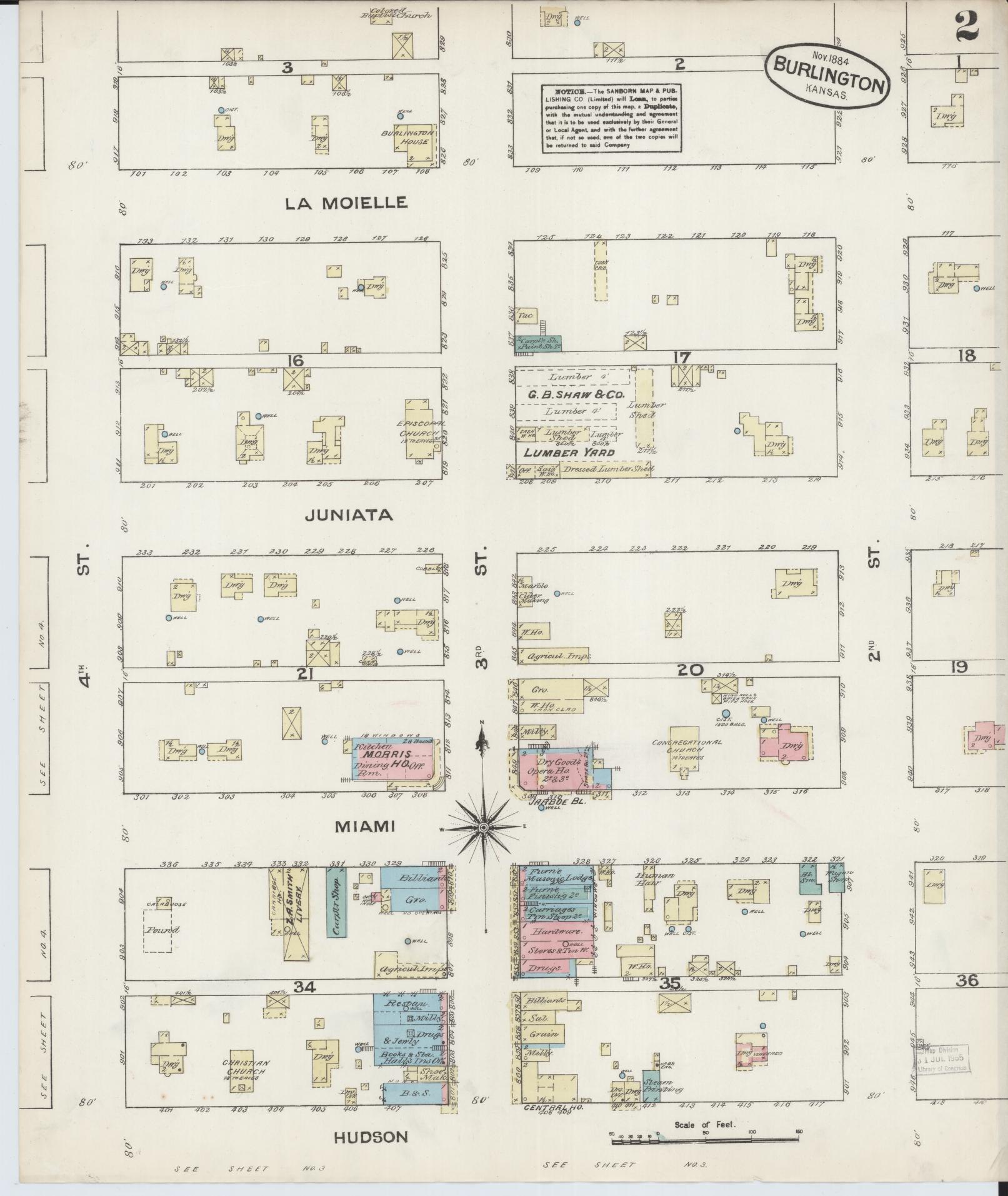 Sanborn Fire Insurance Map from Burlington, Coffey County, Kansas (1884), Sheet #0002 - Historic Sanborn Fire Insurance Map Print, vintage old map wall art, antique decor, genealogy gift, Kansas Kansas map