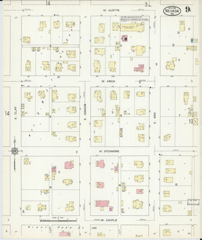 Sanborn Fire Insurance Map from Nevada, Vernon County, Missouri (1914), Sheet #0009 - Historic Sanborn Fire Insurance Map Print, vintage old map wall art, antique decor, genealogy gift, Missouri Missouri map