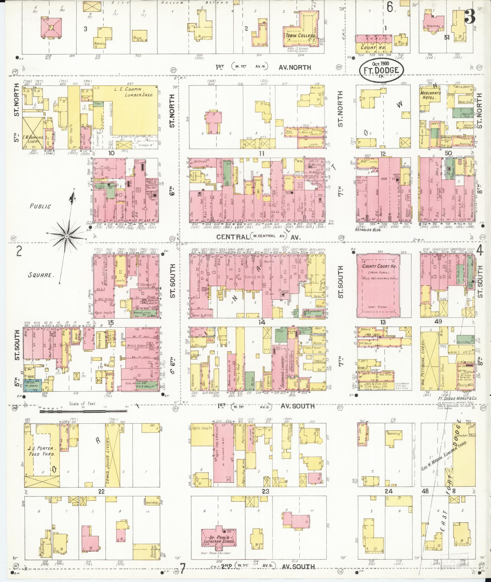 Sanborn Fire Insurance Map from Fort Dodge, Webster County, Iowa (1900), Sheet #0003 - Historic Sanborn Fire Insurance Map Print, vintage old map wall art
