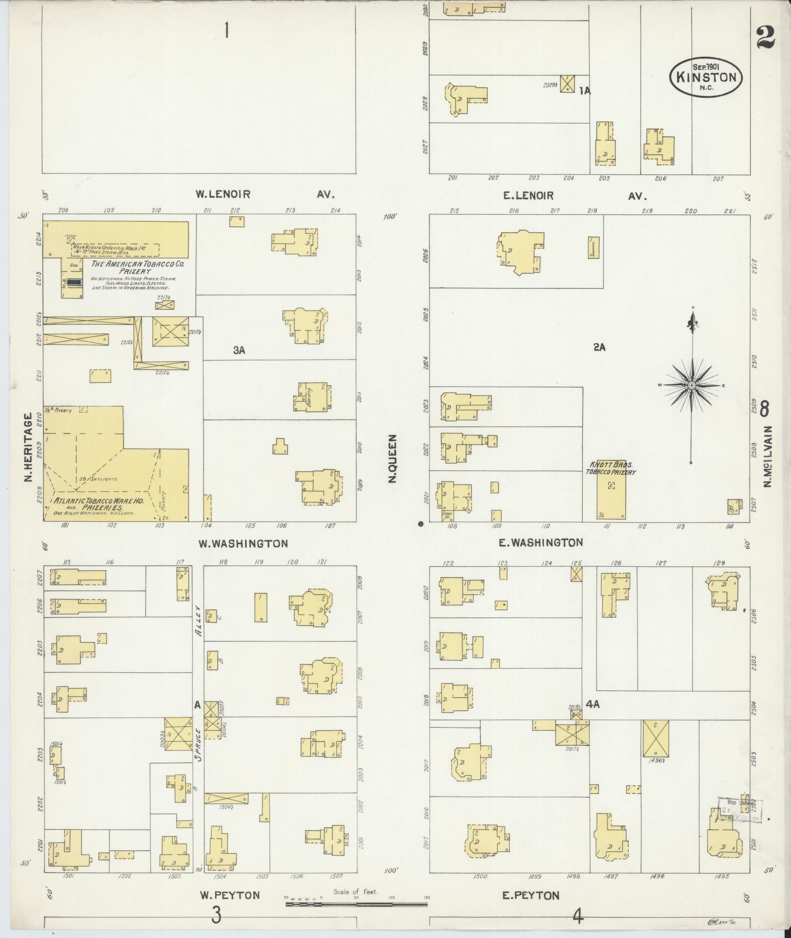 Sanborn Fire Insurance Map from Kinston, Lenoir County, North Carolina (1901), Sheet #0002 - Historic Sanborn Fire Insurance Map Print, vintage old map wall art, antique decor, genealogy gift, North Carolina North Carolina map