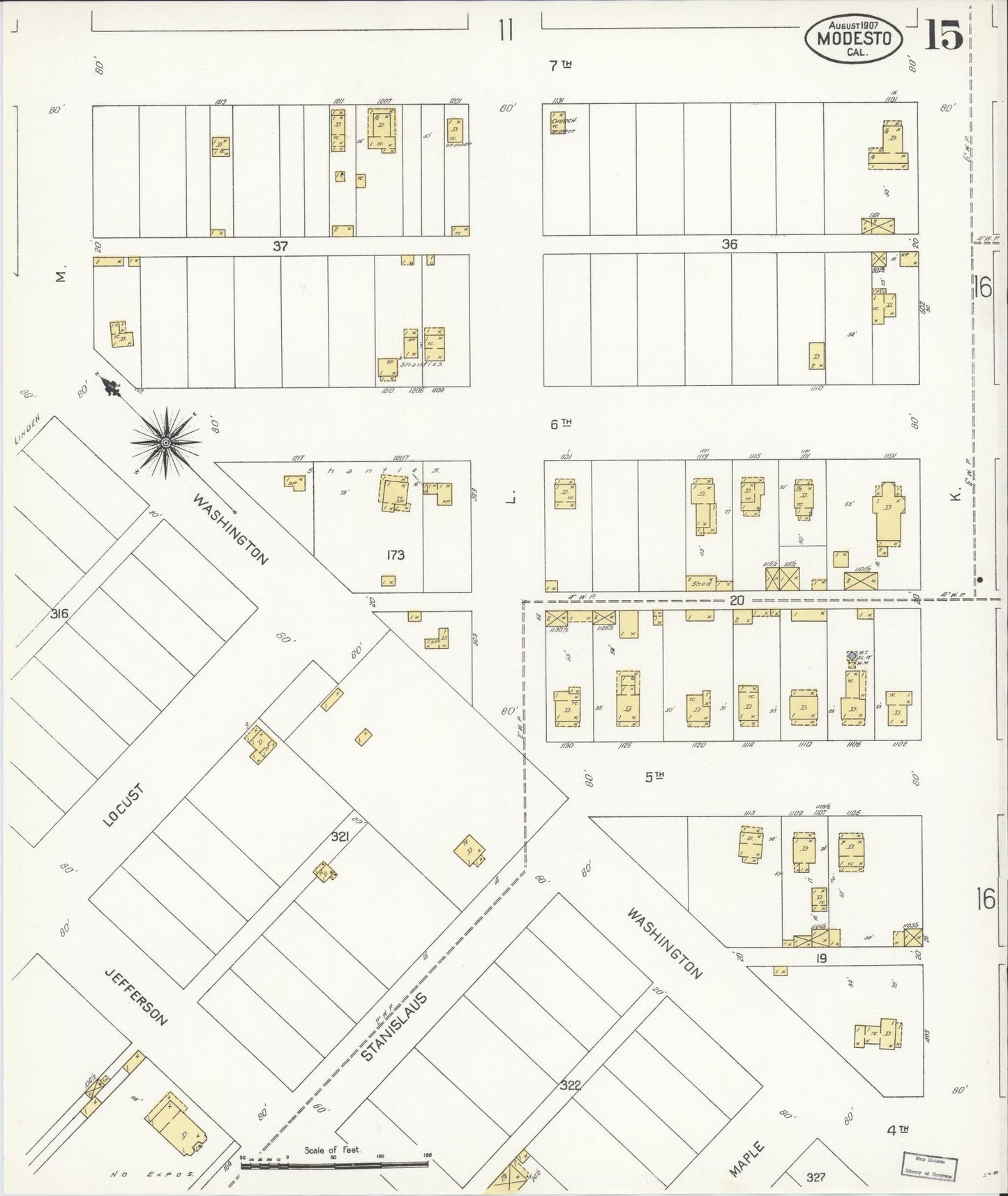 Sanborn Fire Insurance Map from Modesto, Stanislaus County, California (1907), Sheet #0015 - Complete Map Set gallery image, historic Sanborn map, vintage wall art, California California