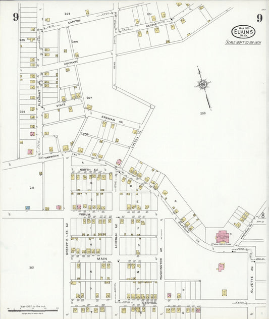 Sanborn Fire Insurance Map from Elkins, Randolph County, West Virginia (1923), Sheet #0009 - Historic Sanborn Fire Insurance Map Print, vintage old map wall art, antique decor, genealogy gift, West Virginia West Virginia map