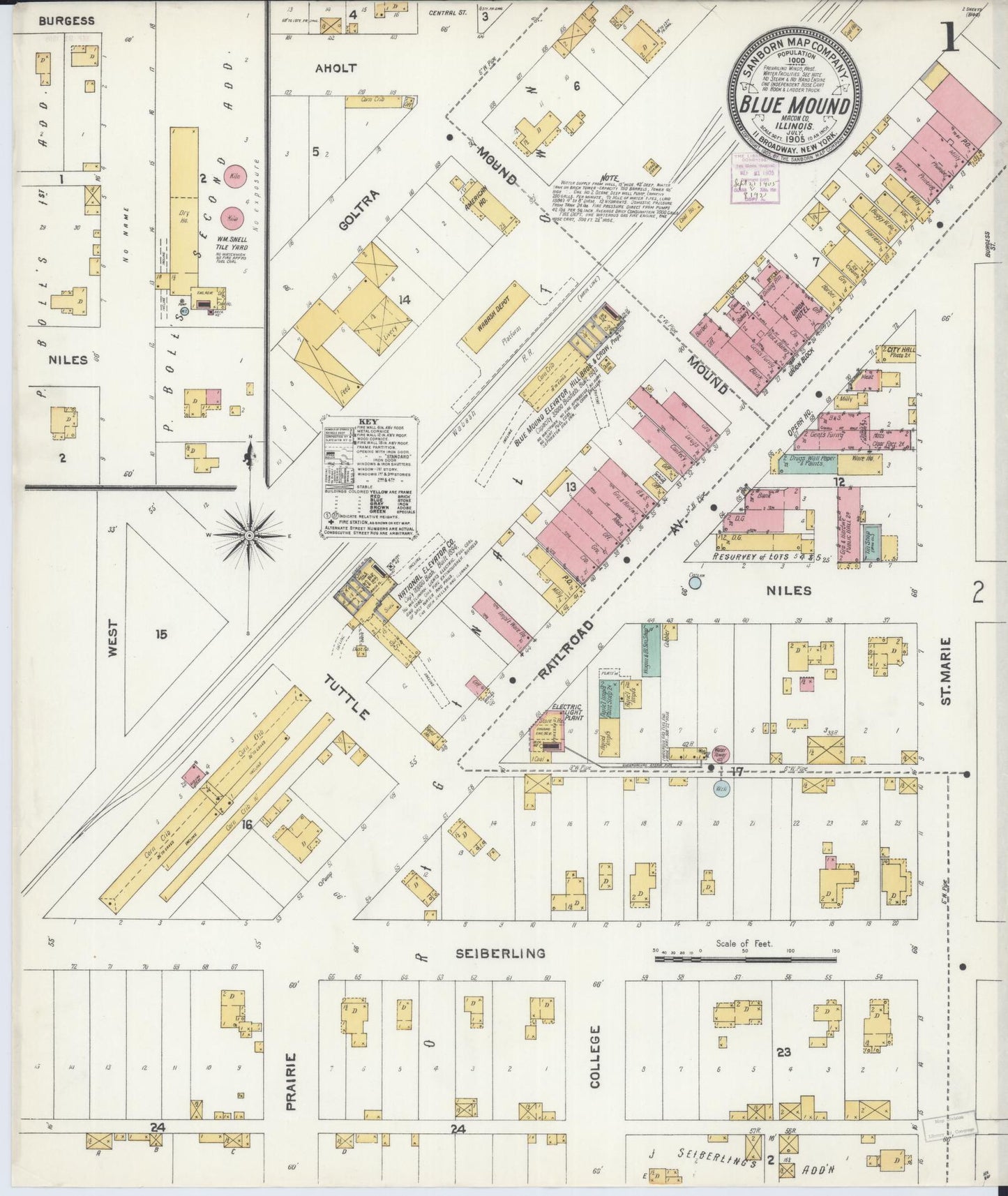 Sanborn Fire Insurance Map from Blue Mound, Macon County, Illinois (1905), Sheet #0001 - Complete Map Set gallery image, historic Sanborn map, vintage wall art, Illinois Illinois