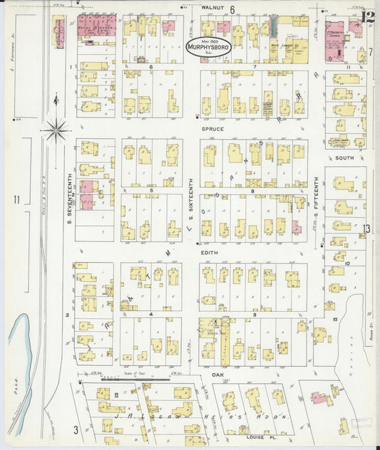 Sanborn Fire Insurance Map from Murphysboro, Jackson County, Illinois (1909), Sheet #0012 - Historic Sanborn Fire Insurance Map Print, vintage old map wall art, antique decor, genealogy gift, Illinois Illinois map