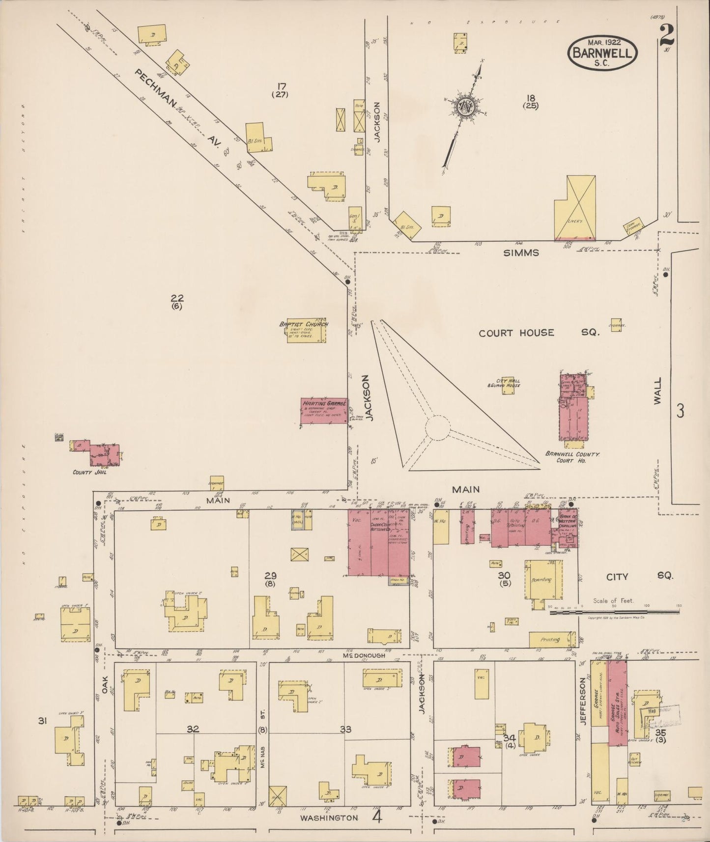 Sanborn Fire Insurance Map from Barnwell, Barnwell County, South Carolina (1922), Sheet #0002 - Complete Map Set gallery image, historic Sanborn map, vintage wall art, South Carolina South Carolina