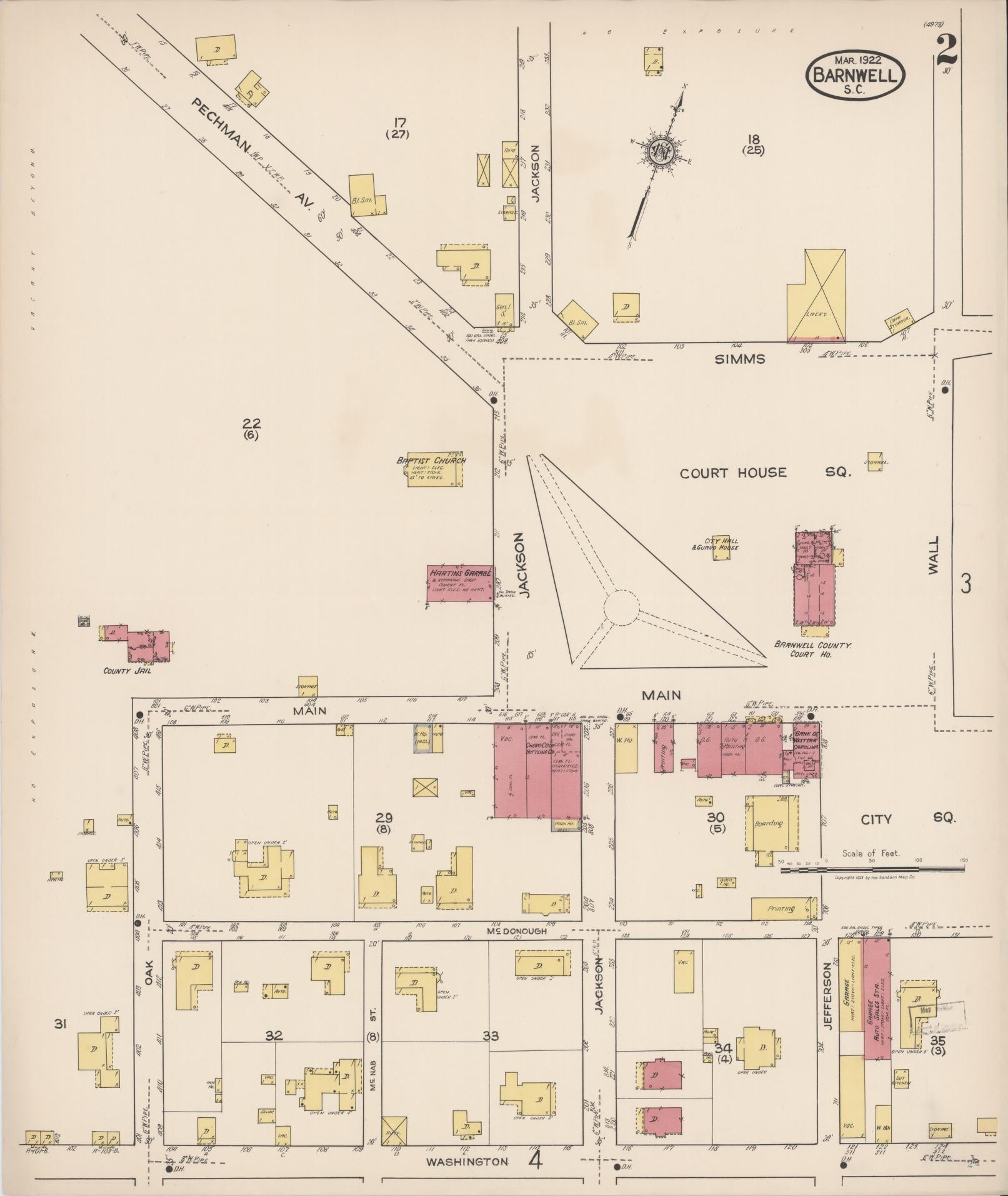 Sanborn Fire Insurance Map from Barnwell, Barnwell County, South Carolina (1922), Sheet #0002 - Complete Map Set gallery image, historic Sanborn map, vintage wall art, South Carolina South Carolina