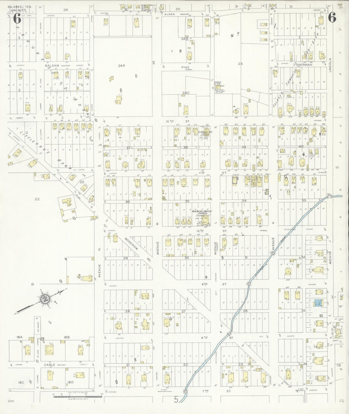 Sanborn Fire Insurance Map from Silsbee, Hardin County, Texas (1937), Sheet #0006 - Historic Sanborn Fire Insurance Map Print, vintage old map wall art, antique decor, genealogy gift, Texas Texas map