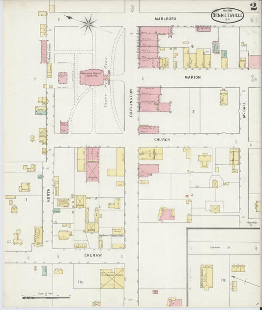 Sanborn Fire Insurance Map from Bennettsville, Marlboro County, South Carolina (1895), Sheet #0002 - Historic Sanborn Fire Insurance Map Print, vintage old map wall art, antique decor, genealogy gift, South Carolina South Carolina map