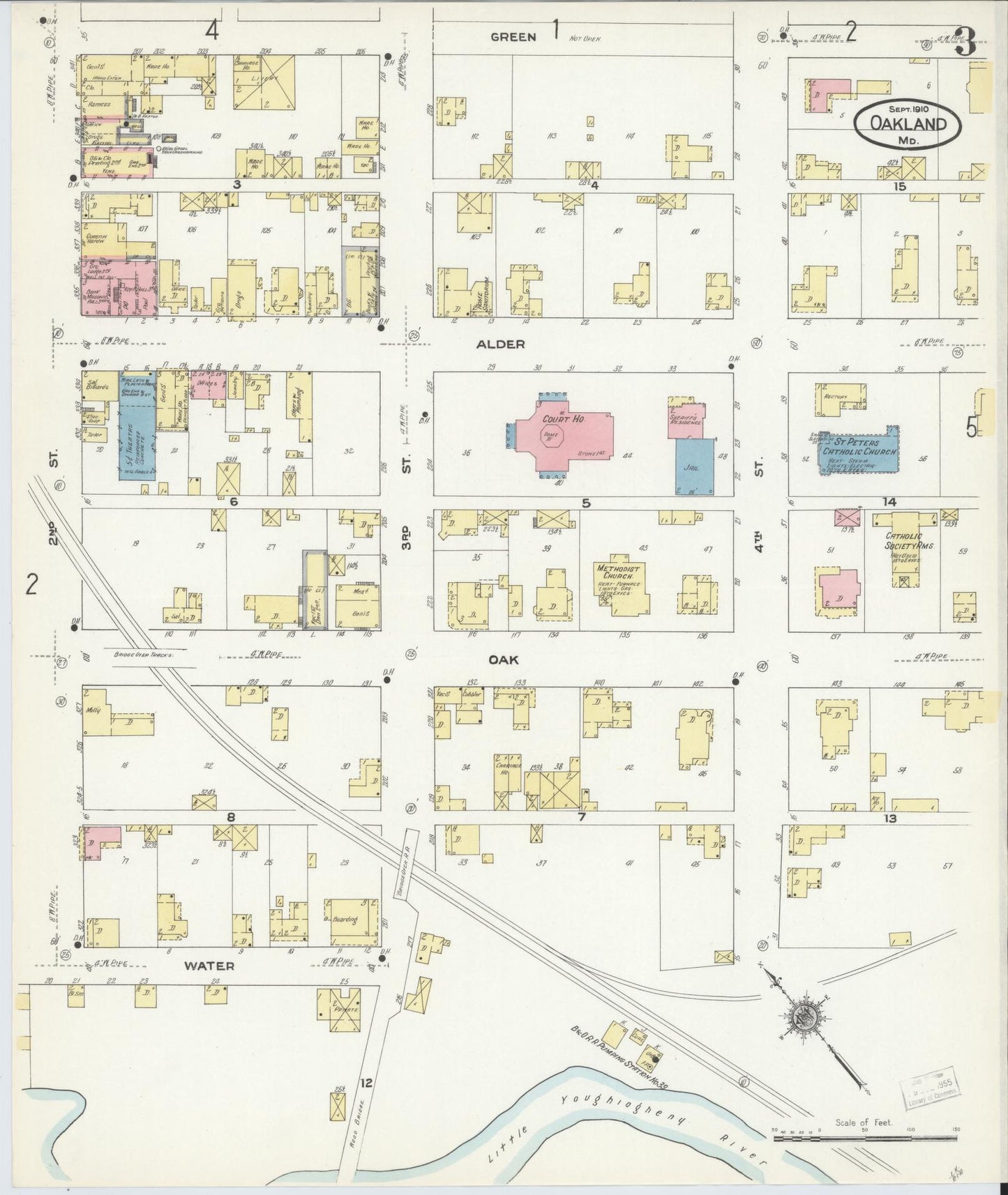 Sanborn Fire Insurance Map from Oakland, Garrett County, Maryland (1910), Sheet #0003 - Historic Sanborn Fire Insurance Map Print, vintage old map wall art