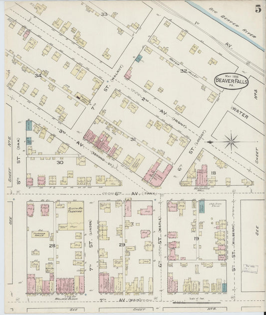 Sanborn Fire Insurance Map from Beaver Falls, Beaver County, Pennsylvania (1886), Sheet #0005 - Historic Sanborn Fire Insurance Map Print, vintage old map wall art, antique decor, genealogy gift, Pennsylvania Pennsylvania map