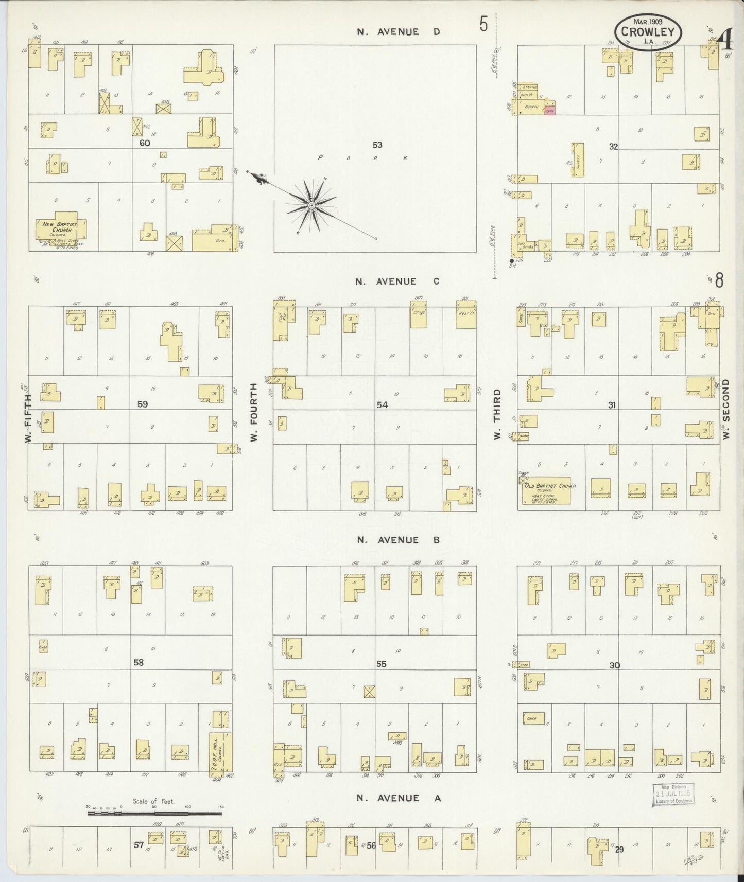 Sanborn Fire Insurance Map from Crowley, Acadia Parish, Louisiana (1909), Sheet #0004 - Complete Map Set gallery image, historic Sanborn map, vintage wall art, Louisiana Louisiana