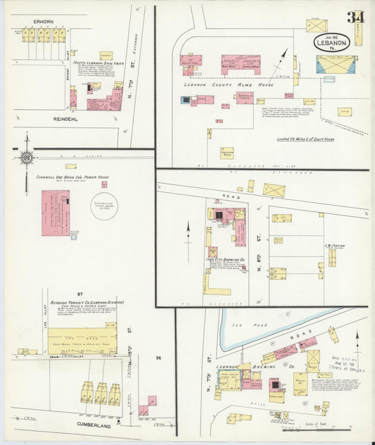 Sanborn Fire Insurance Map from Lebanon, Lebanon County, Pennsylvania (1912), Sheet #0034 - Historic Sanborn Fire Insurance Map Print, vintage old map wall art, antique decor, genealogy gift, Pennsylvania Pennsylvania map