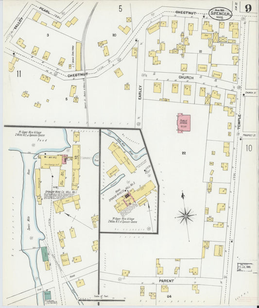 Sanborn Fire Insurance Map from Spencer, Worcester County, Massachusetts (1901), Sheet #0009 - Historic Sanborn Fire Insurance Map Print, vintage old map wall art, antique decor, genealogy gift, Massachusetts Massachusetts map