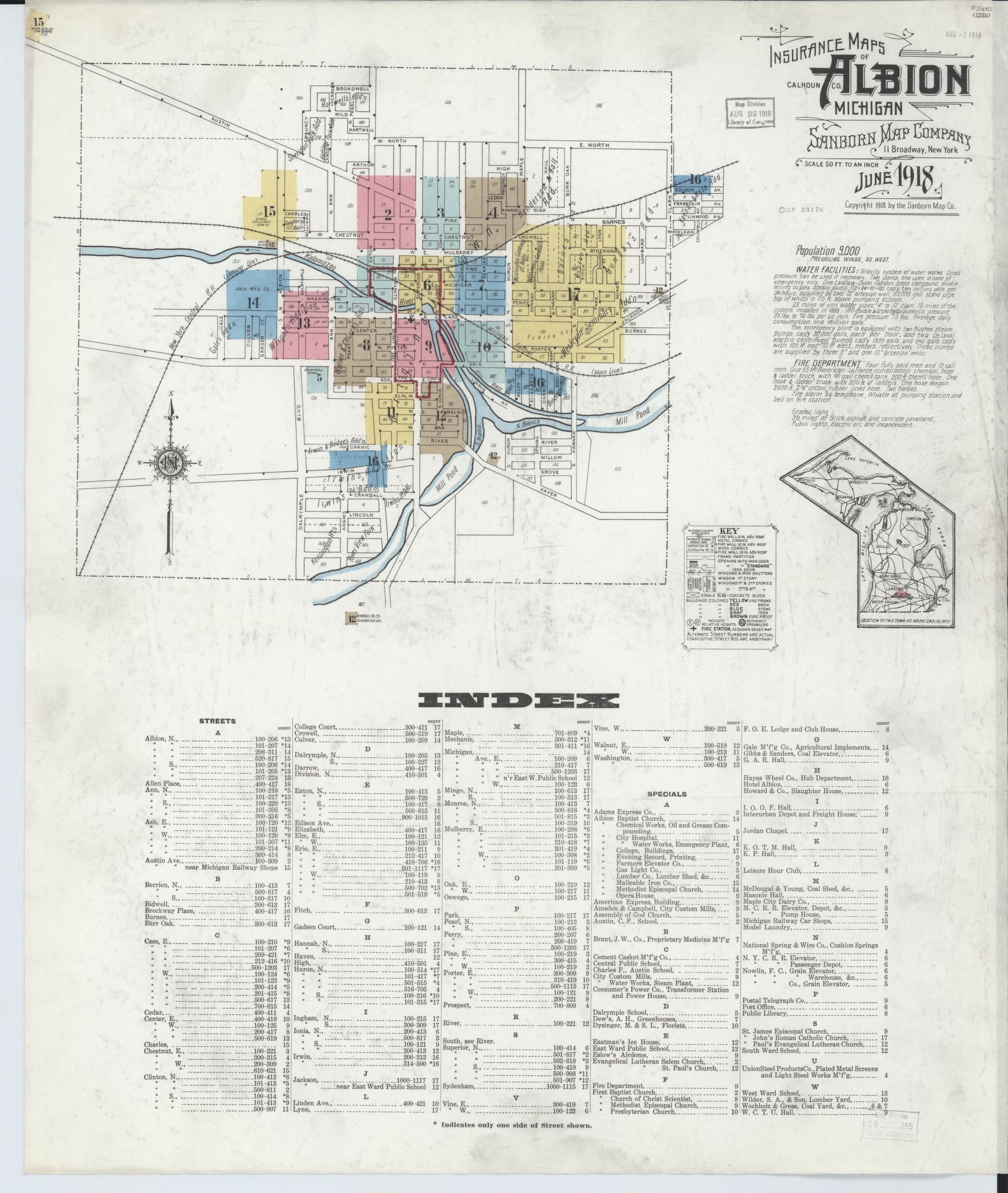 Sanborn Fire Insurance Map from Albion, Calhoun County, Michigan (1918), Sheet #0001 - Complete Map Set gallery image, historic Sanborn map, vintage wall art, Michigan Michigan