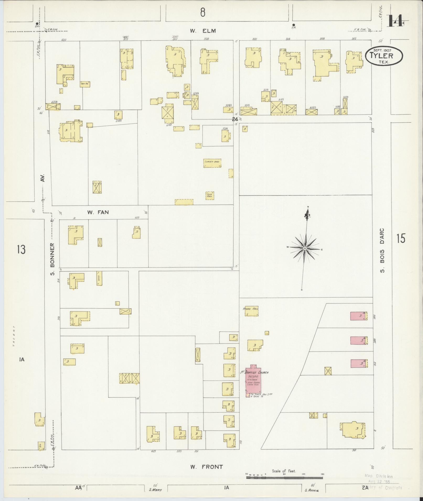 Sanborn Fire Insurance Map from Tyler, Smith County, Texas (1907), Sheet #0014 - Complete Map Set gallery image, historic Sanborn map, vintage wall art, Texas Texas