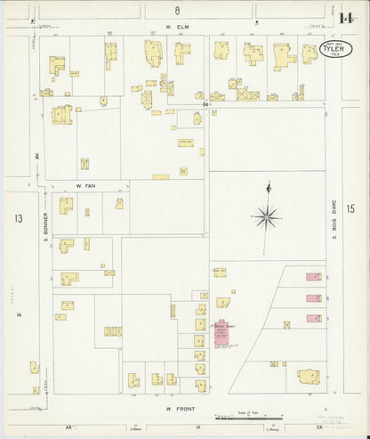 Sanborn Fire Insurance Map from Tyler, Smith County, Texas (1907), Sheet #0014 - Complete Map Set gallery image, historic Sanborn map, vintage wall art, Texas Texas