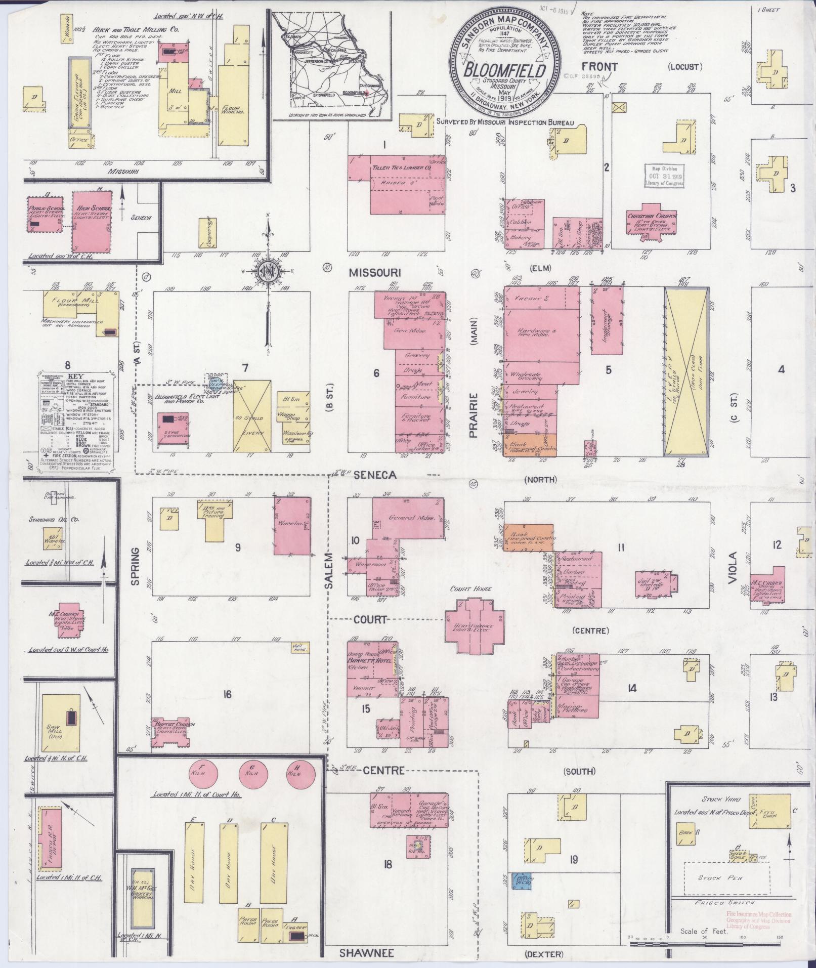 Sanborn Fire Insurance Map from Bloomfield, Stoddard County, Missouri (1919), Sheet #0001 - Historic Sanborn Fire Insurance Map Print, vintage old map wall art, antique decor, genealogy gift, Missouri Missouri map