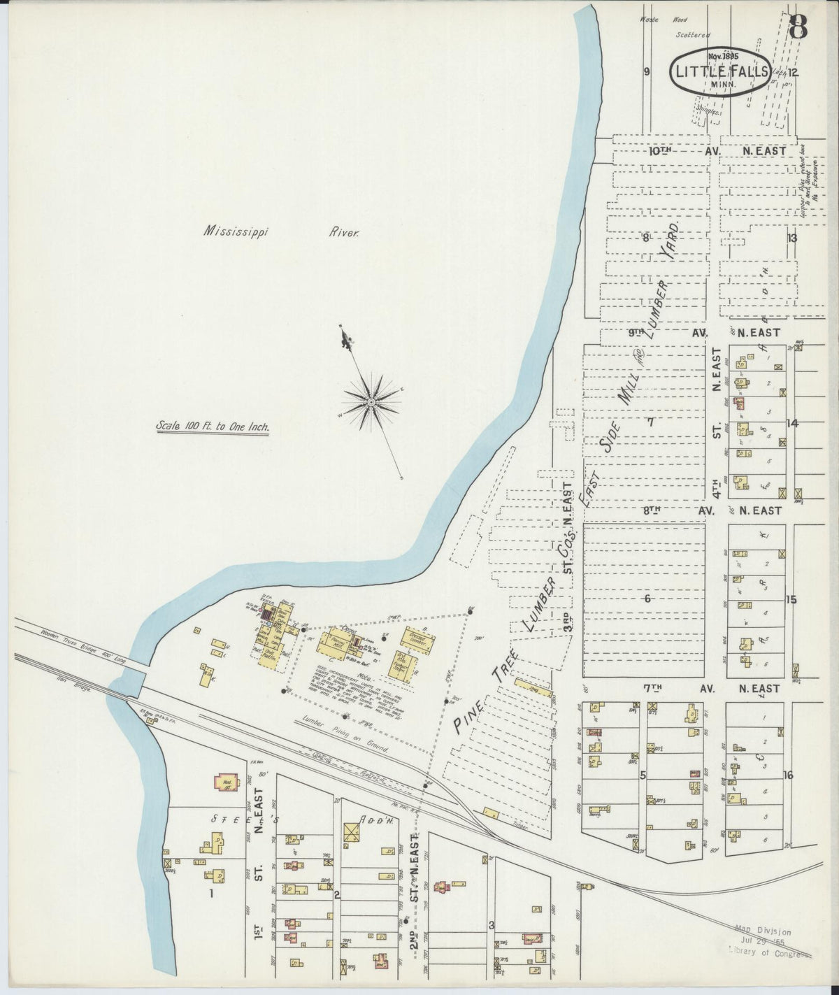 Sanborn Fire Insurance Map from Little Falls, Morrison County, Minnesota (1895), Sheet #0008 - Complete Map Set gallery image, historic Sanborn map, vintage wall art, Minnesota Minnesota