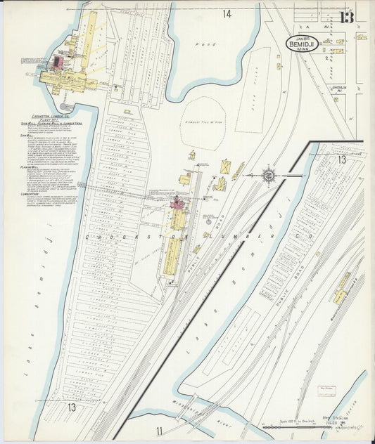 Sanborn Fire Insurance Map from Bemidji, Beltrami County, Minnesota (1914), Sheet #0013 - Historic Sanborn Fire Insurance Map Print, vintage old map wall art, antique decor, genealogy gift, Minnesota Minnesota map