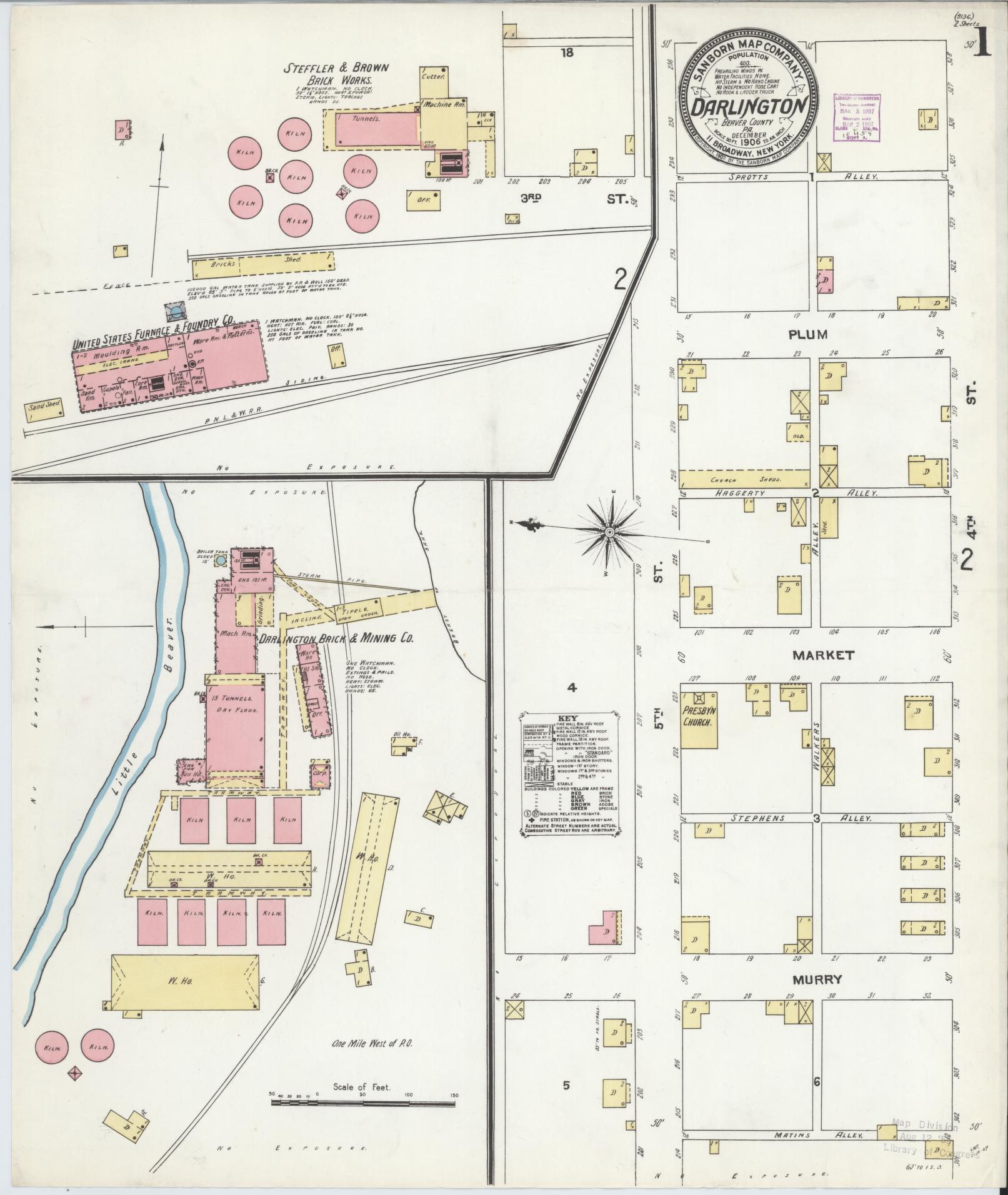 Sanborn Fire Insurance Map from Darlington, Beaver County, Pennsylvania (1906), Sheet #0001 - Historic Sanborn Fire Insurance Map Print, vintage old map wall art, antique decor, genealogy gift, Pennsylvania Pennsylvania map