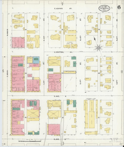 Sanborn Fire Insurance Map from Temple, Bell County, Texas (1905), Sheet #0006 - Historic Sanborn Fire Insurance Map Print, vintage old map wall art, antique decor, genealogy gift, Texas Texas map