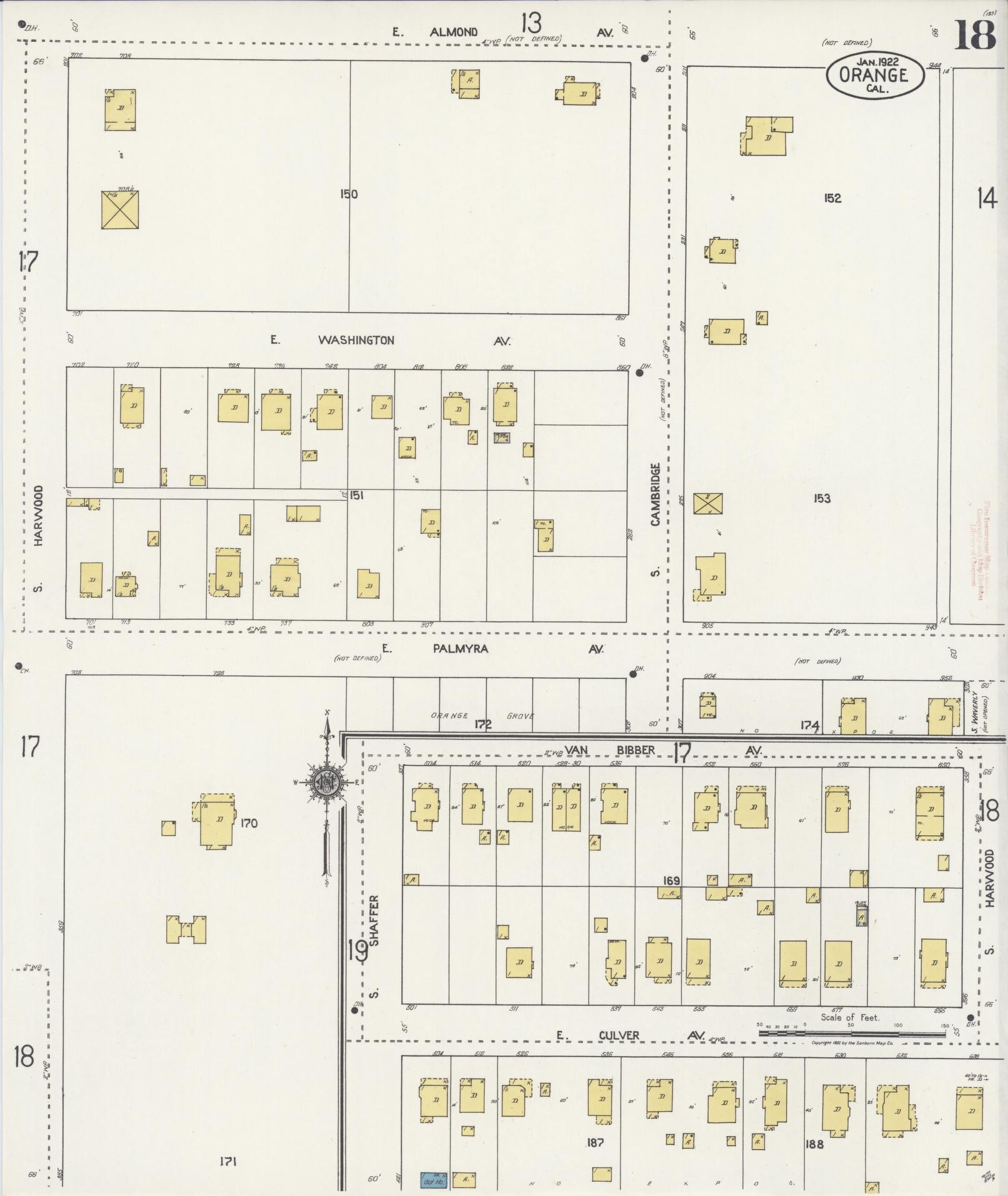 Sanborn Fire Insurance Map from Orange, Orange County, California (1922), Sheet #0018 - Complete Map Set gallery image, historic Sanborn map, vintage wall art, California California
