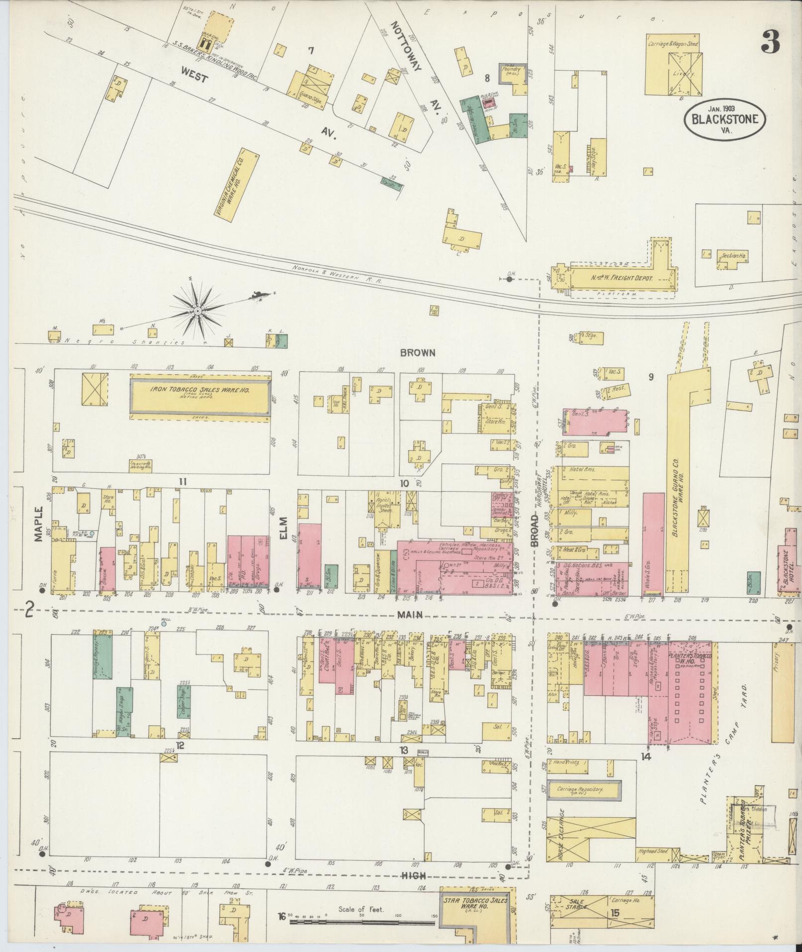 Sanborn Fire Insurance Map from Blackstone, Nottoway County, Virginia (1903), Sheet #0003 - Complete Map Set gallery image, historic Sanborn map, vintage wall art, Virginia Virginia