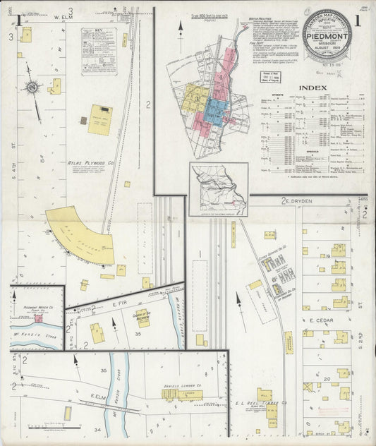 Sanborn Fire Insurance Map from Piedmont, Wayne County, Missouri (1929), Sheet #0001 - Historic Sanborn Fire Insurance Map Print, vintage old map wall art, antique decor, genealogy gift, Missouri Missouri map