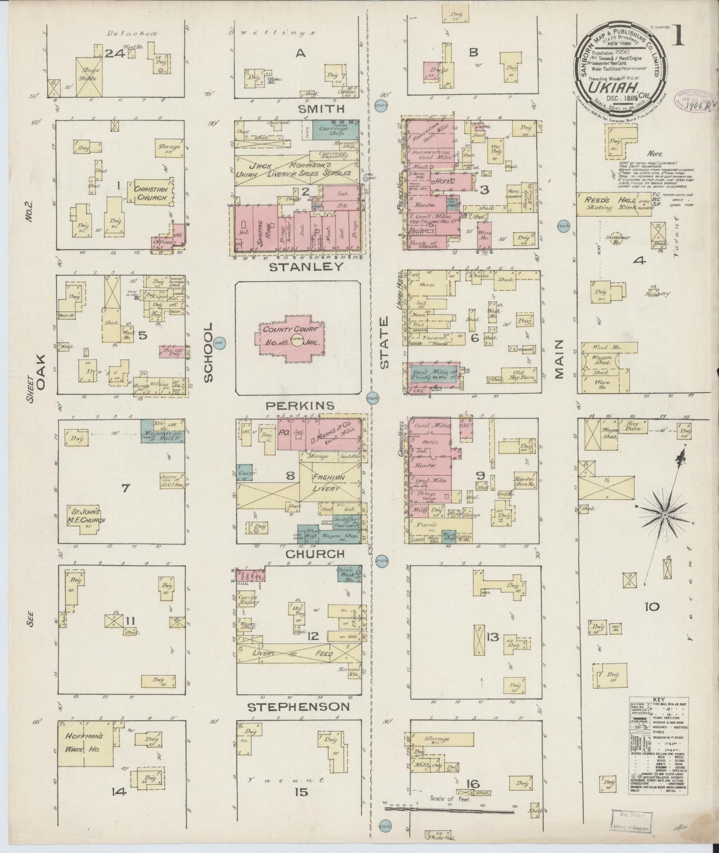Sanborn Fire Insurance Map from Ukiah, Mendocino County, California (1885), Sheet #0001 - Complete Map Set gallery image, historic Sanborn map, vintage wall art, California California