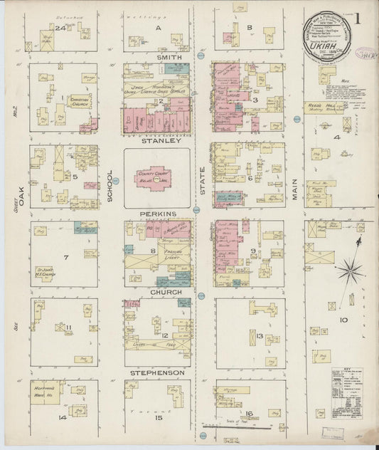 Sanborn Fire Insurance Map from Ukiah, Mendocino County, California (1885), Sheet #0001 - Complete Map Set gallery image, historic Sanborn map, vintage wall art, California California