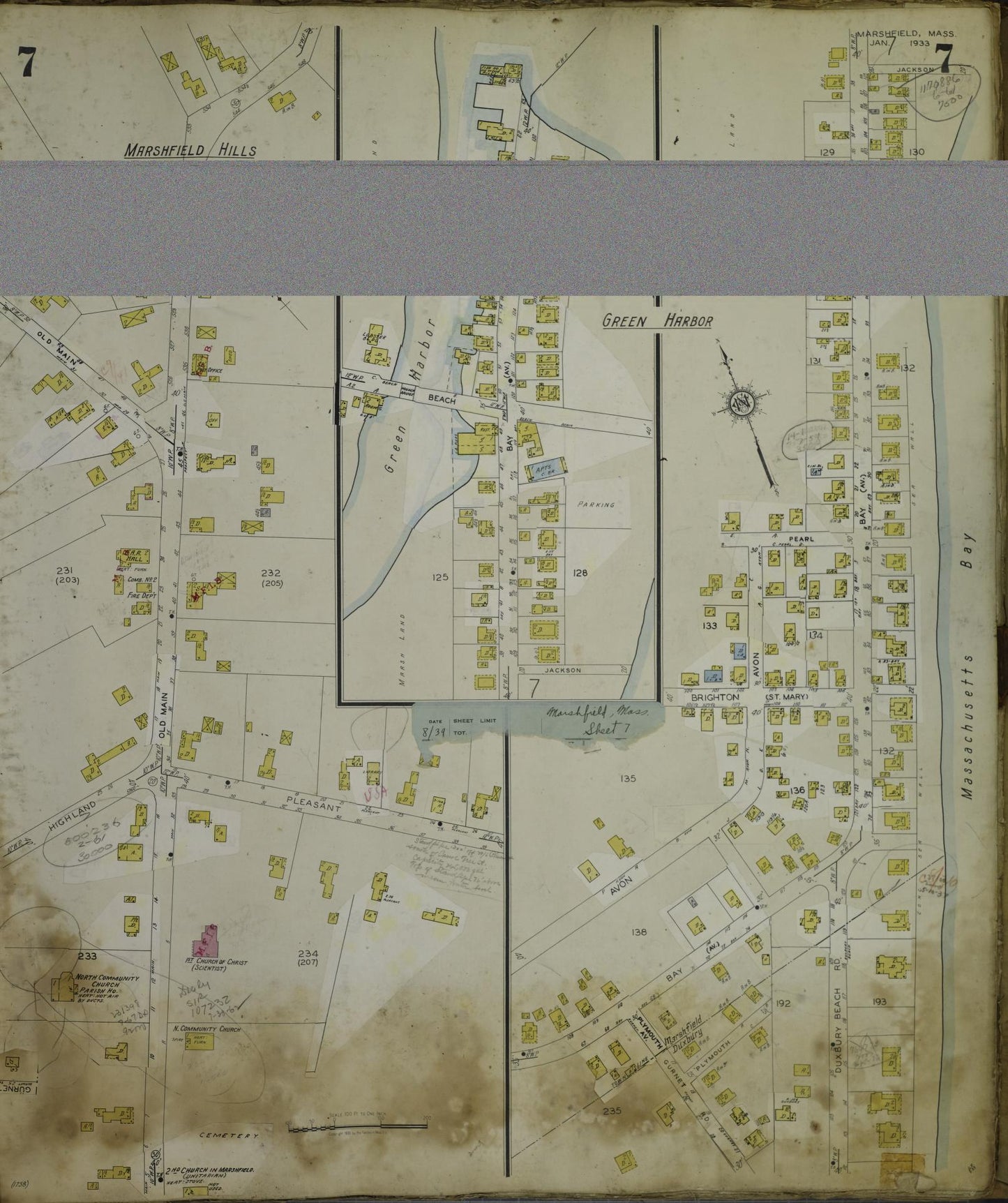 Sanborn Fire Insurance Map from Marshfield, Plymouth County, Massachusetts (1954), Sheet #0007 - Complete Map Set gallery image, historic Sanborn map, vintage wall art, Massachusetts Massachusetts