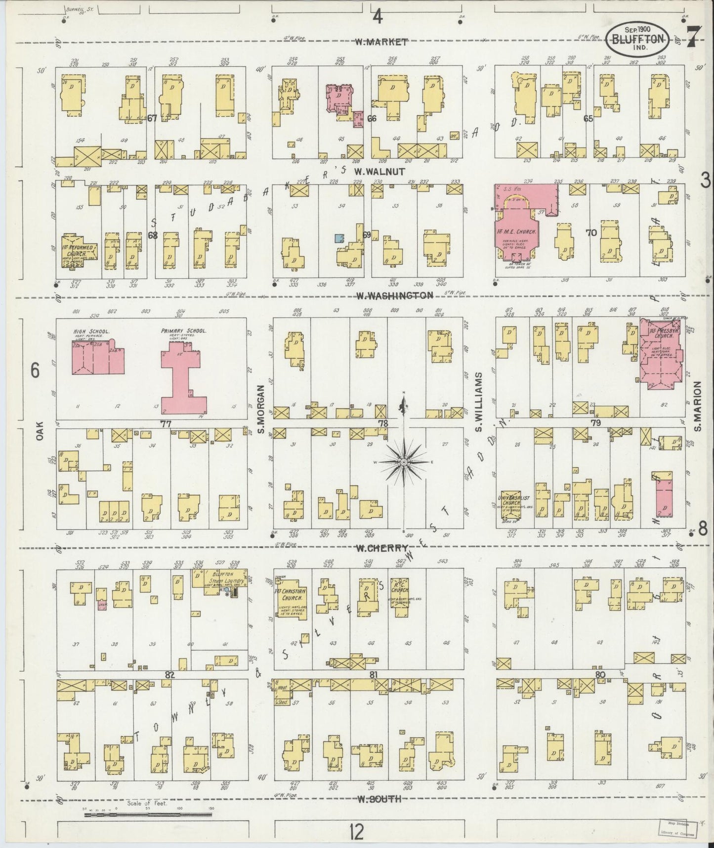Sanborn Fire Insurance Map from Bluffton, Wells County, Indiana (1900), Sheet #0007 - Historic Sanborn Fire Insurance Map Print, vintage old map wall art, antique decor, genealogy gift, Indiana Indiana map