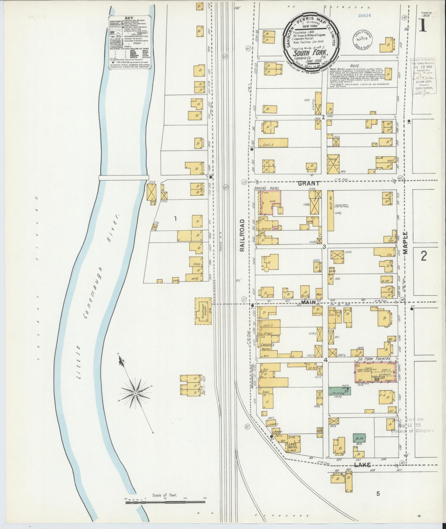 Sanborn Fire Insurance Map from South Fork, Cambria County, Pennsylvania (1900), Sheet #0001 - Historic Sanborn Fire Insurance Map Print, vintage old map wall art, antique decor, genealogy gift, Pennsylvania Pennsylvania map