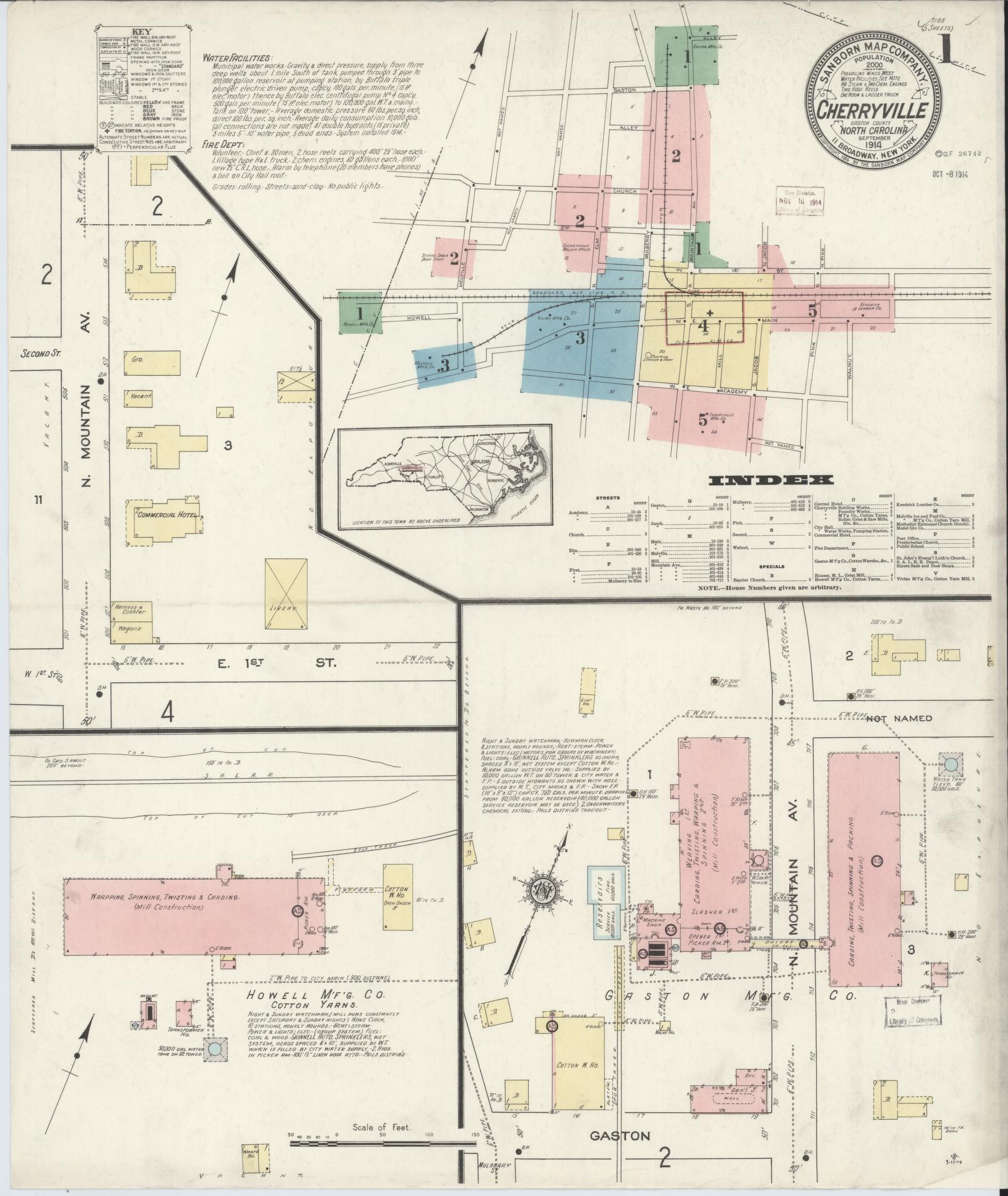 Sanborn Fire Insurance Map from Cherryville, Gaston County, North Carolina (1914), Sheet #0001 - Historic Sanborn Fire Insurance Map Print, vintage old map wall art, antique decor, genealogy gift, North Carolina North Carolina map