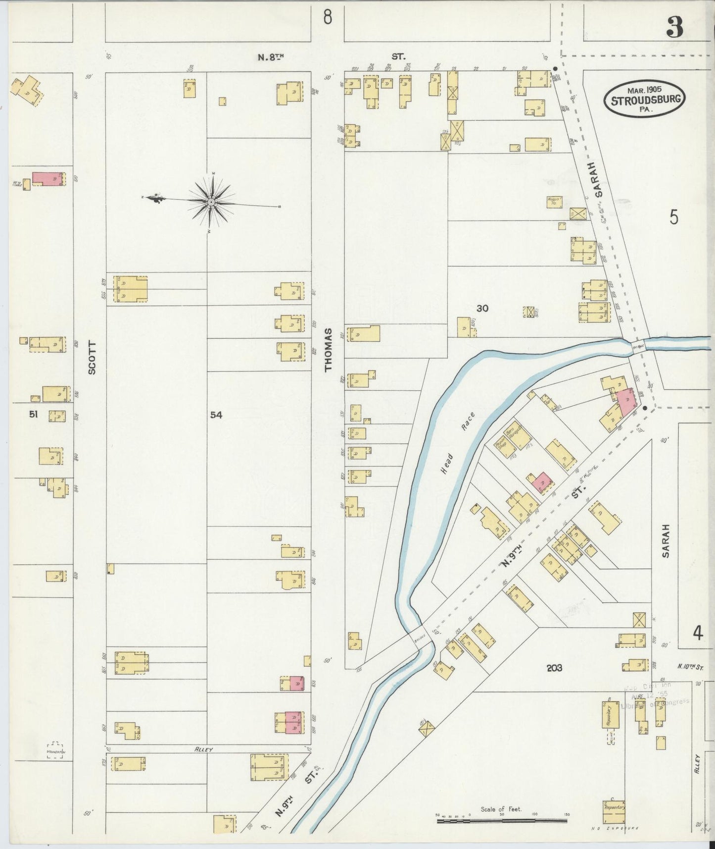 Sanborn Fire Insurance Map from Stroudsburg, Monroe County, Pennsylvania (1905), Sheet #0003 - Historic Sanborn Fire Insurance Map Print, vintage old map wall art, antique decor, genealogy gift, Pennsylvania Pennsylvania map