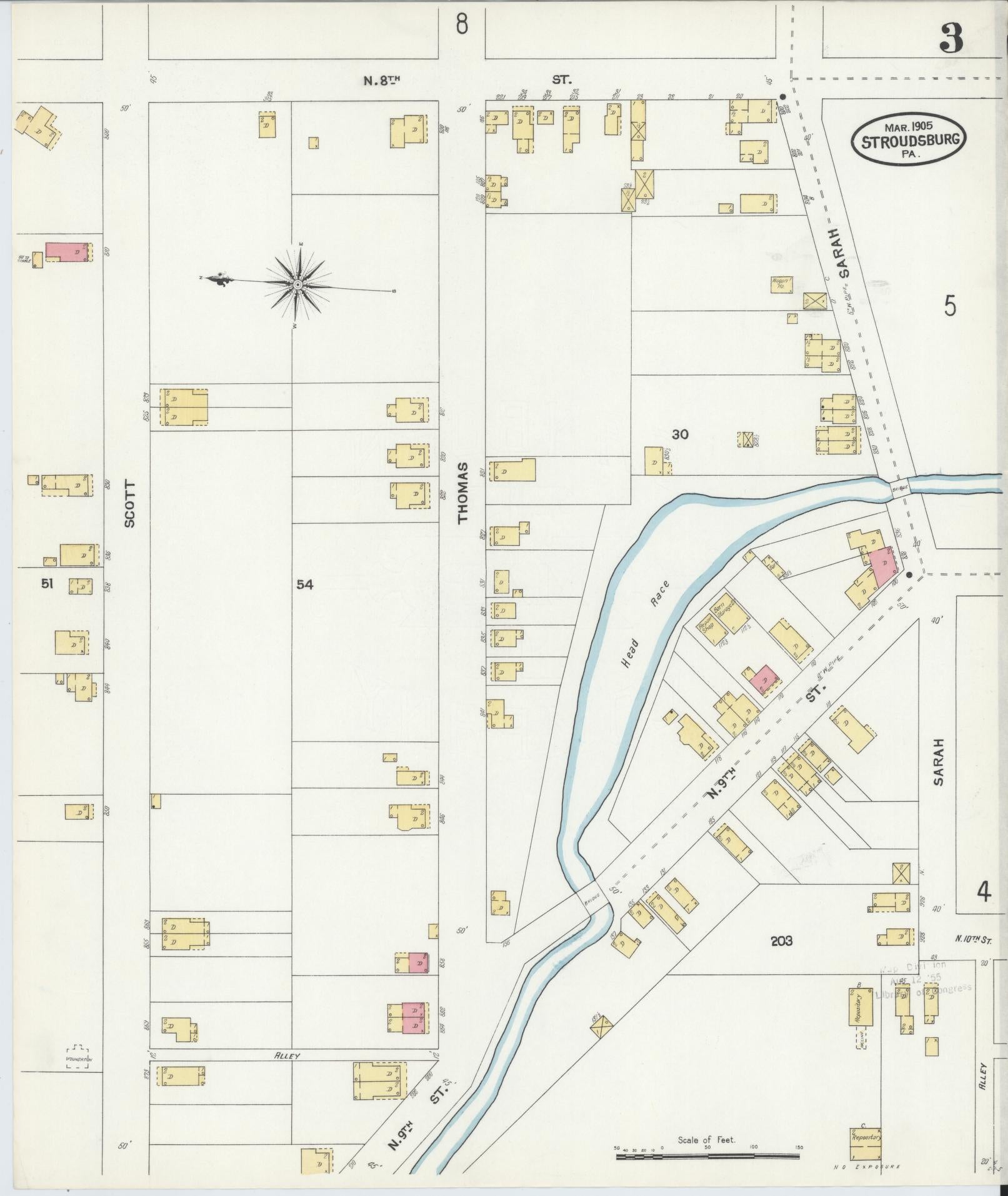 Sanborn Fire Insurance Map from Stroudsburg, Monroe County, Pennsylvania (1905), Sheet #0003 - Historic Sanborn Fire Insurance Map Print, vintage old map wall art, antique decor, genealogy gift, Pennsylvania Pennsylvania map