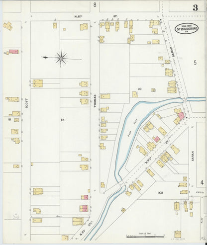 Sanborn Fire Insurance Map from Stroudsburg, Monroe County, Pennsylvania (1905), Sheet #0003 - Historic Sanborn Fire Insurance Map Print, vintage old map wall art, antique decor, genealogy gift, Pennsylvania Pennsylvania map