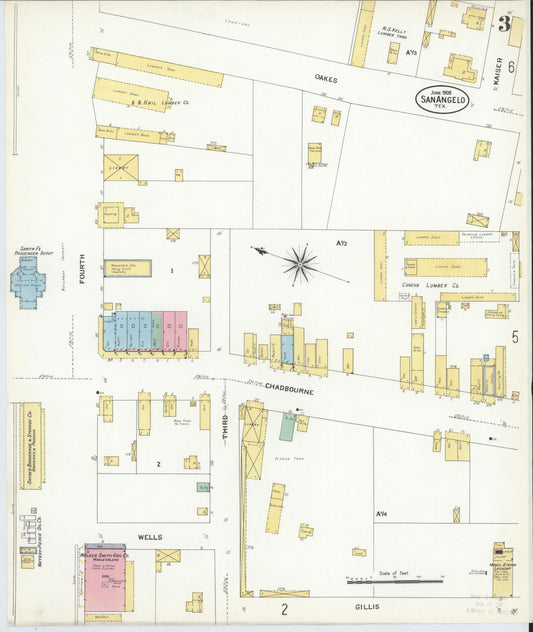 Sanborn Fire Insurance Map from San Angelo, Tom Green County, Texas (1908), Sheet #0003 - Historic Sanborn Fire Insurance Map Print, vintage old map wall art, antique decor, genealogy gift, Texas Texas map