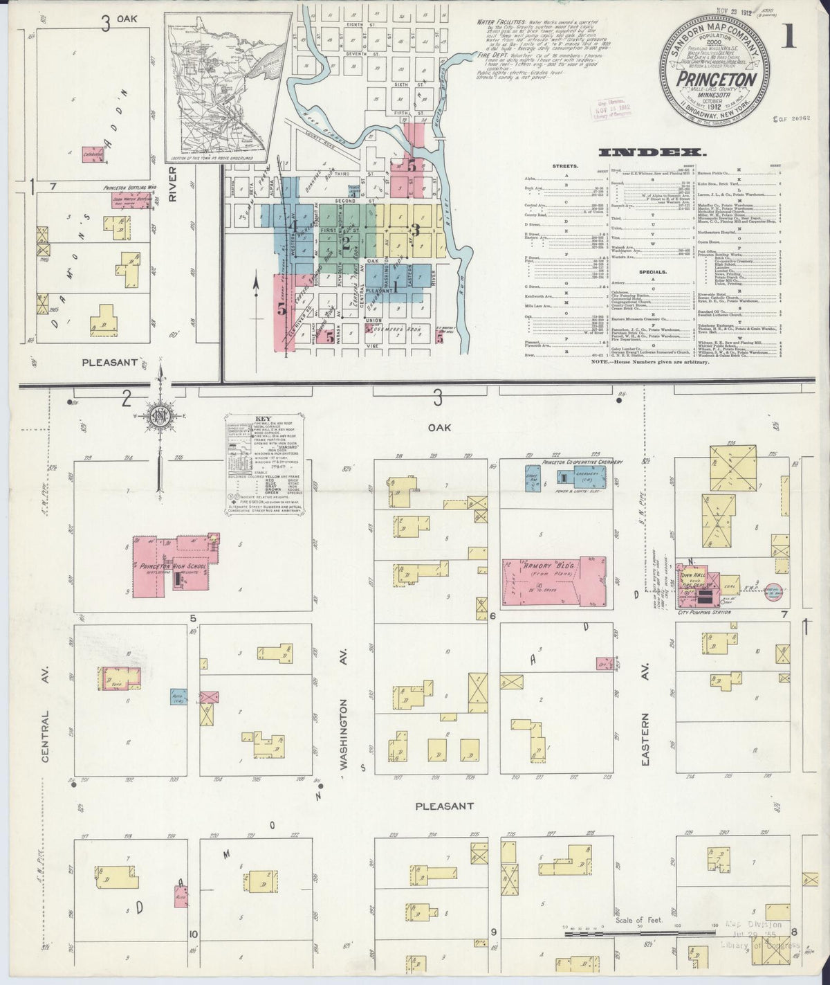 Sanborn Fire Insurance Map from Princeton, Mille Lacs County, Minnesota (1912), Sheet #0001 - Historic Sanborn Fire Insurance Map Print, vintage old map wall art, antique decor, genealogy gift, Minnesota Minnesota map