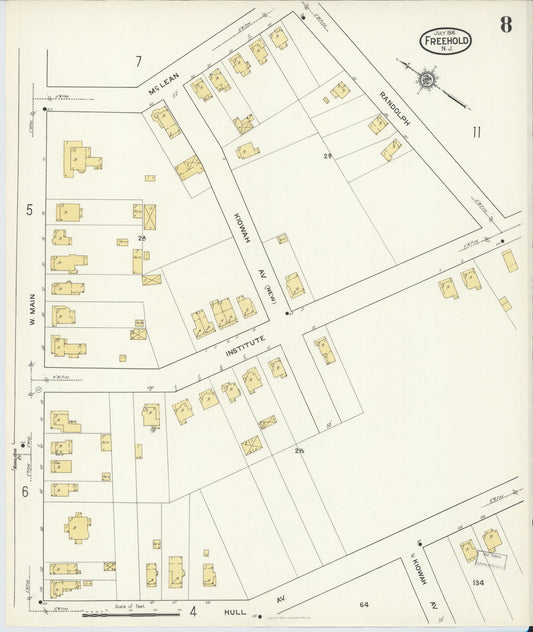 Sanborn Fire Insurance Map from Freehold, Monmouth County, New Jersey (1916), Sheet #0008 - Historic Sanborn Fire Insurance Map Print, vintage old map wall art, antique decor, genealogy gift, New Jersey New Jersey map
