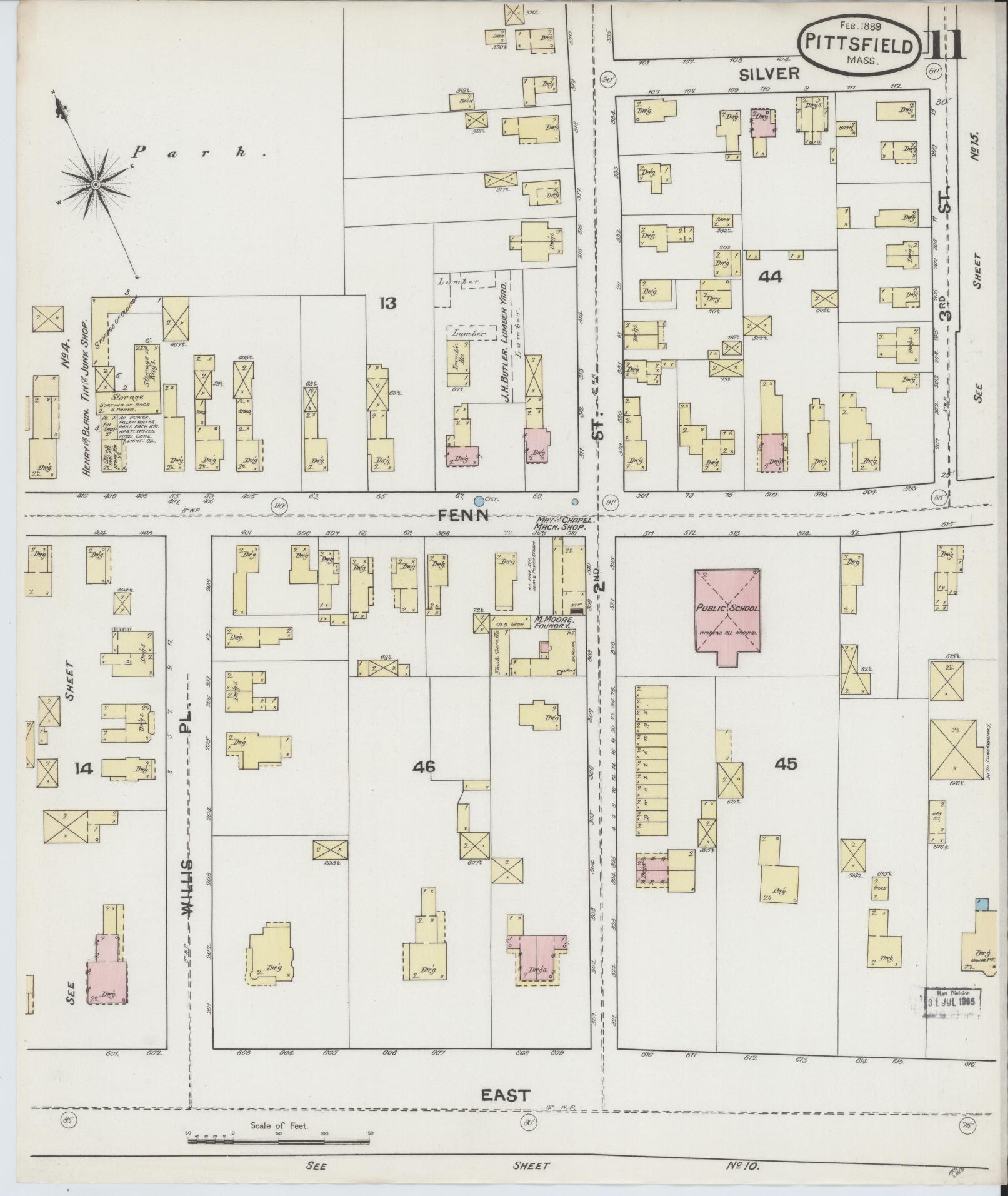 Sanborn Fire Insurance Map from Pittsfield, Berkshire County, Massachusetts (1889), Sheet #0011 - Historic Sanborn Fire Insurance Map Print, vintage old map wall art, antique decor, genealogy gift, Massachusetts Massachusetts map