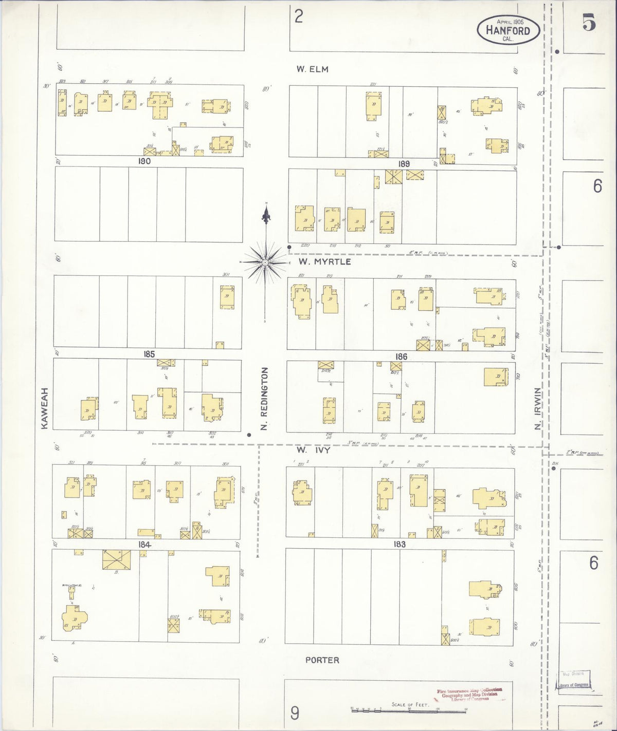 Sanborn Fire Insurance Map from Hanford, Kings County, California (1905), Sheet #0005 - Complete Map Set gallery image, historic Sanborn map, vintage wall art, California California